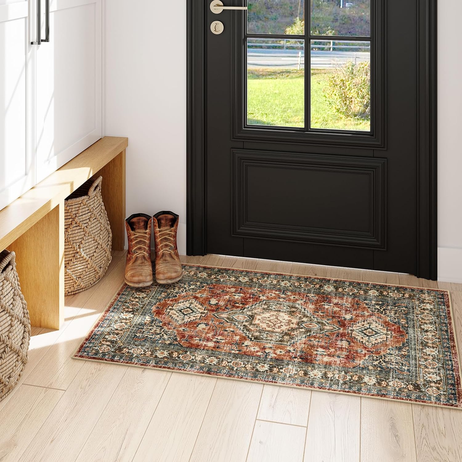 Lahome Oriental Small Area Rug, 2x4 Washable Entryway Rug Non-Slip Ultra-Thin Indoor Door Mat Distressed Throw Carpet for Kitchen Bedroom, Brick Red - Image 3