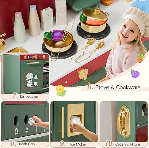 Miniatura 6 de Juego de cocina de 35.8 pulgadas para niños, cocina de juguete para niños pequeños, juego de cocina de madera 23 en 1 con alimentos de juguete y