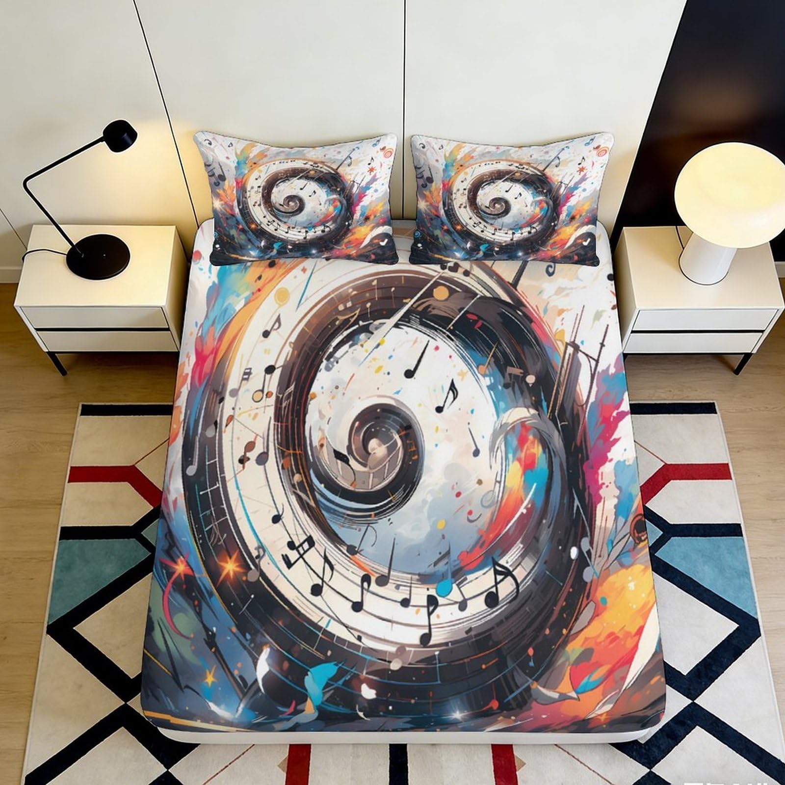 Jqzkxnhpbr Style-2 3D Printed Music Spiral Fitted Sheet Microfiber Colorful Notes Bed Sheet Bedroom Decor For Home Guest Room 90X200x25cm