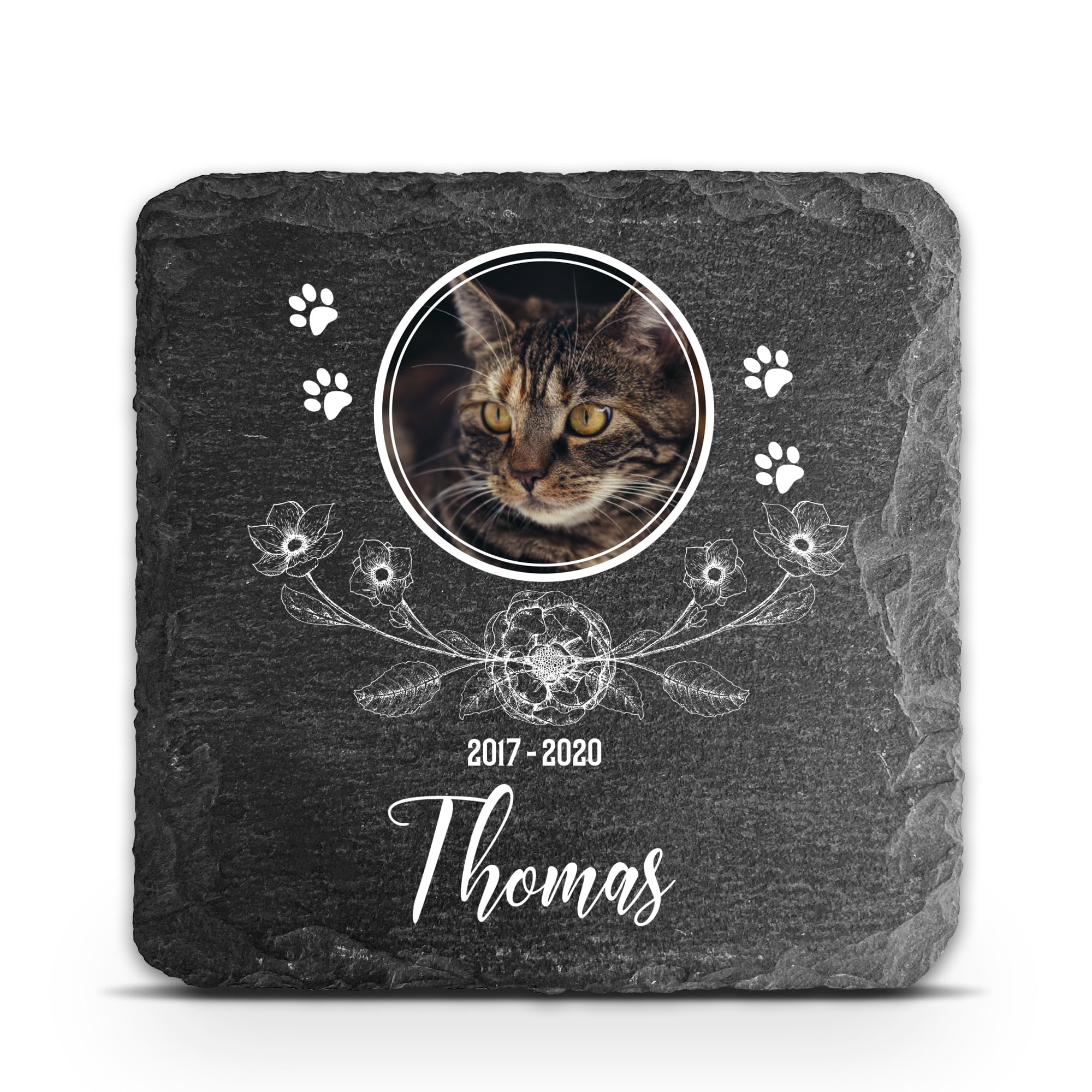 TULLUN Personalised Square Memorial Plaque For Pet Cat Dog Slate Stone Frame Paw Grave Marker - Size 5.9" x 5.9" or 150 x 150 mm - Floral — image 1