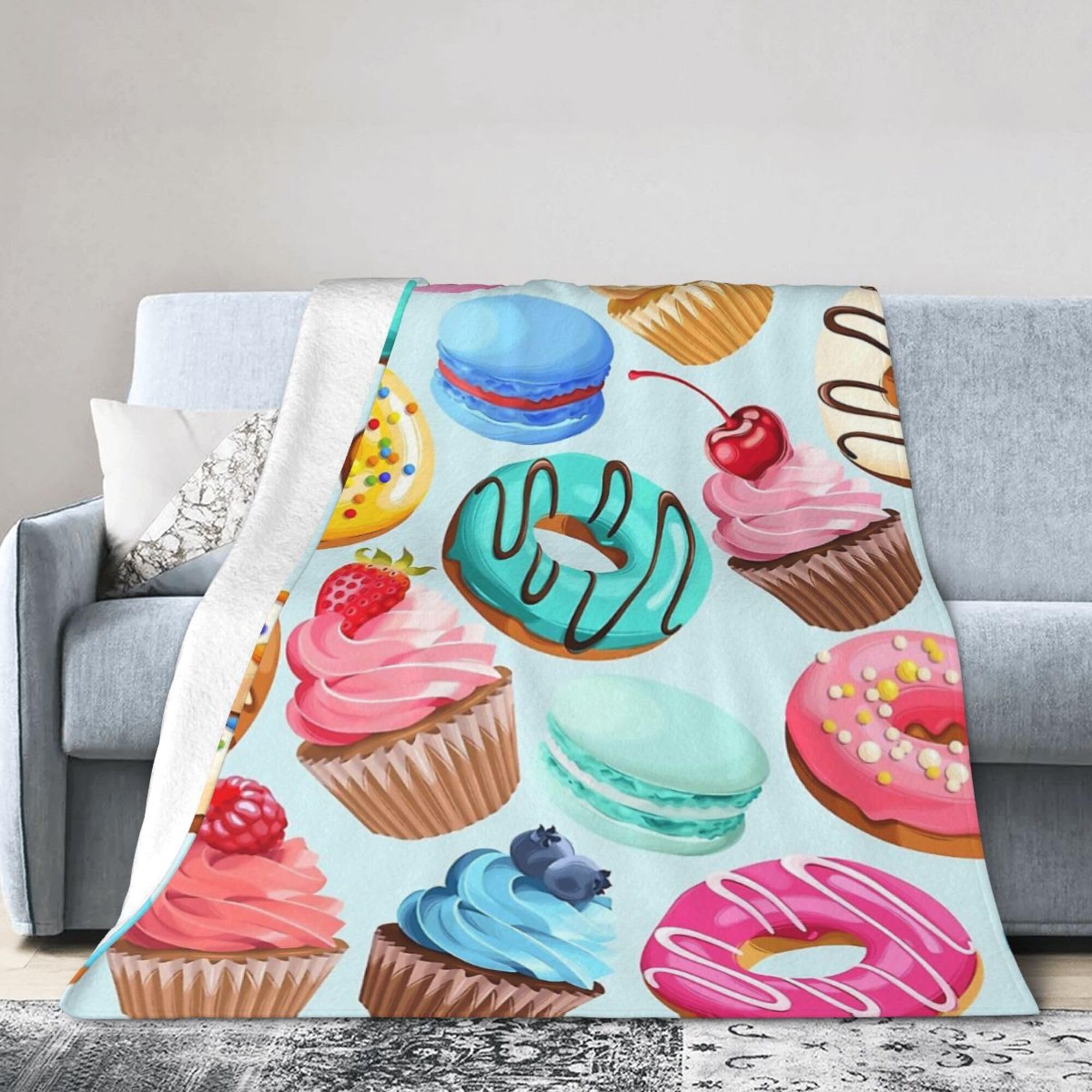 Melbrakin Black Cupcakes Donuts Pattern Blanket Super Soft Flannel Blanket Comfy Cozy Throw Blanket Couch Lightweight Blankets For Living Room Bedroom 50"X40"