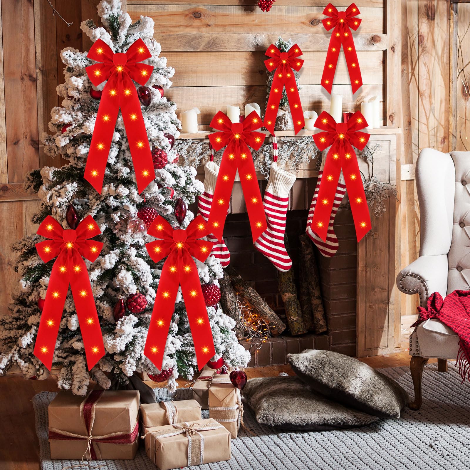 Crowye Lot de 12 nœuds de couronne de Noël à LED pour décorations d'extérieur - Nœuds de Noël en velours pour couronnes de Noël - Décoration de Noël (20,3 x 48,3 cm)