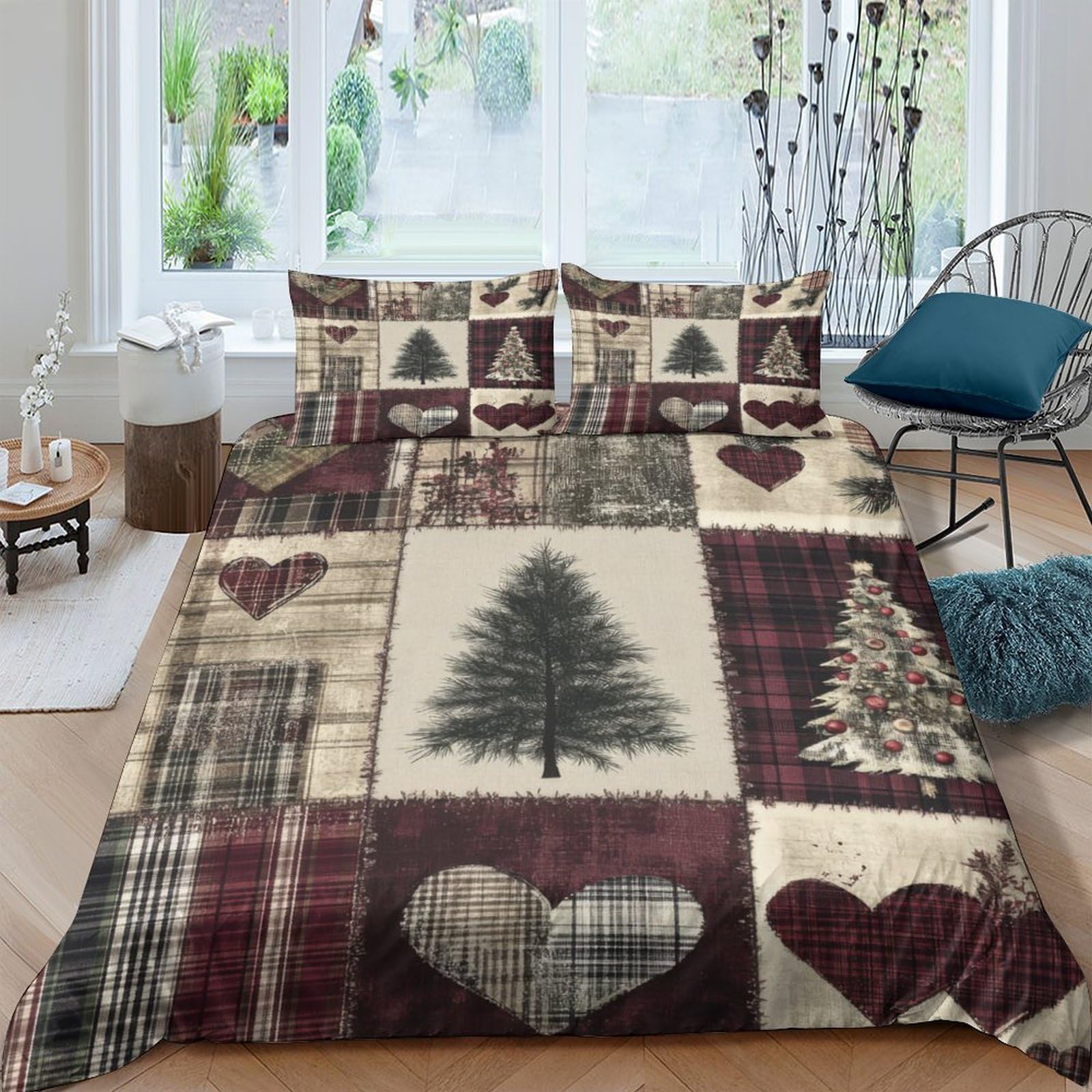 Ctjqhvkz Style-8 3D Printed Rustic Christmas Tree Fitted Sheet Microfiber Patchwork Heart Bed Cover For Bedroom Guest Room Decor Easy Care Single（135X200cm）