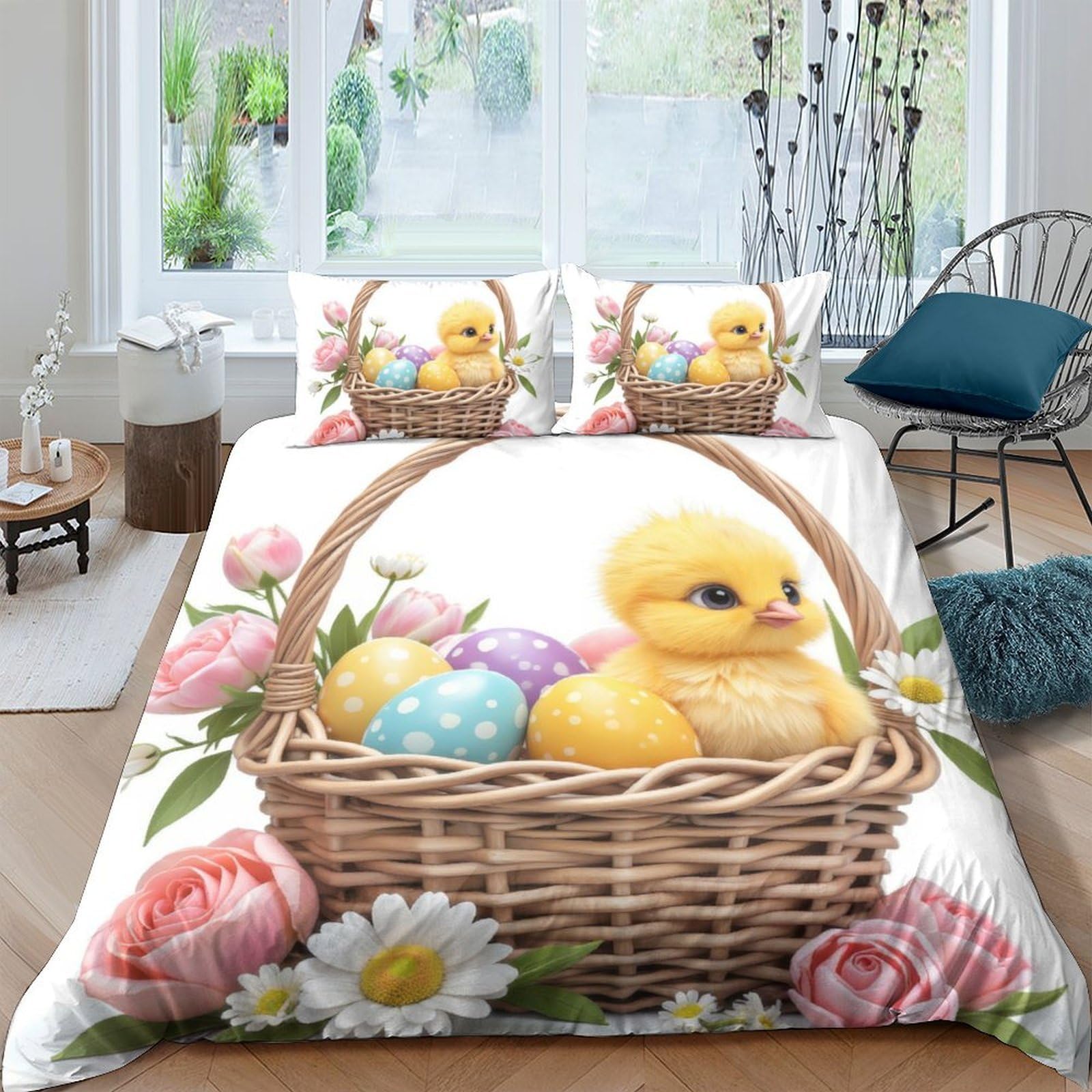 GPLZQXKJNH 3D Printed Easter Chick Duvet Cover Set Microfiber Soft Breathable Basket Egg Bedding Set with 2 Pillowcases for Bedroom Decor 140x200cm Single（135x200cm）
