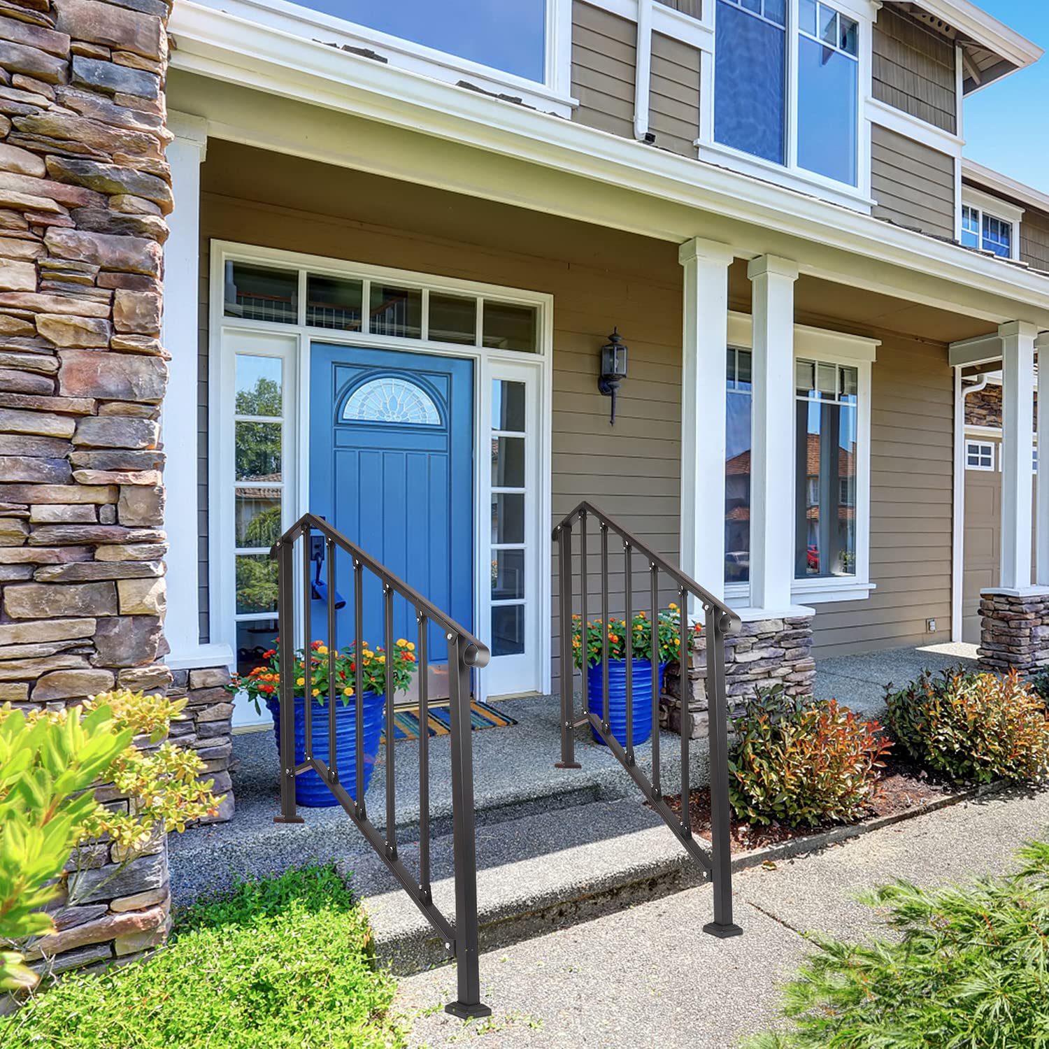 lesolar Handrails for Outdoor Steps Fit 2 or 3 Steps Outdoor Stair Railing Black Wrought Iron Handrail Stair Rail Flexible Porch Railing Transitional Hand Rails for Concrete Steps or Wood Stairs