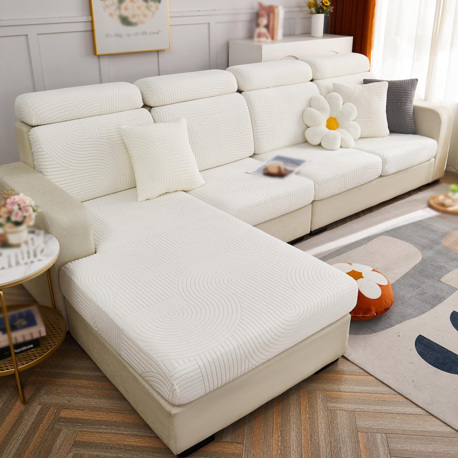 Hufu Sofa Cushion Cover, Jacquard Simple L-shaped Sofa Cover, Non-Slip Elastic Couch Seat Cover, Wear-Resistant Universal Sofa Cover, Individual Cushion Covers for Sofa(White,Large Triple Seat Cover)
