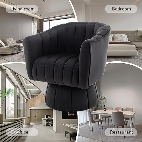 Miniatura 8 de DKS Silla giratoria de 360, silla de mediados de siglo con cojín de asiento grueso, sillón redondo de tela de terciopelo, silla de sofá para espacio
