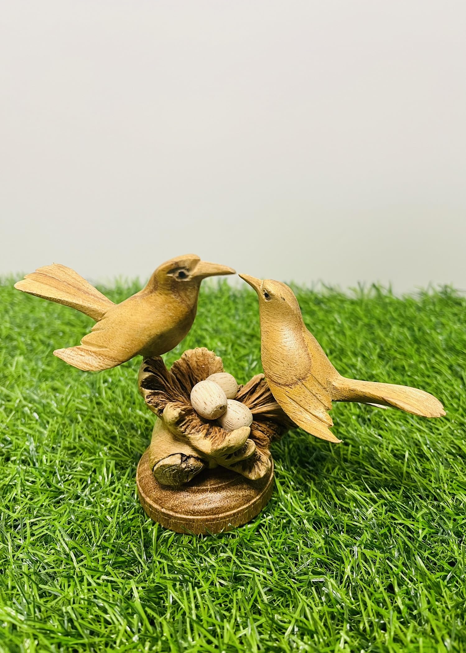 My Square Mile Wooden Mushroom Garden Ornament | Teak Wood For Indoor & Outdoor Use | Hand Carved Garden Sculpture (Bird Nest On Mushroom)