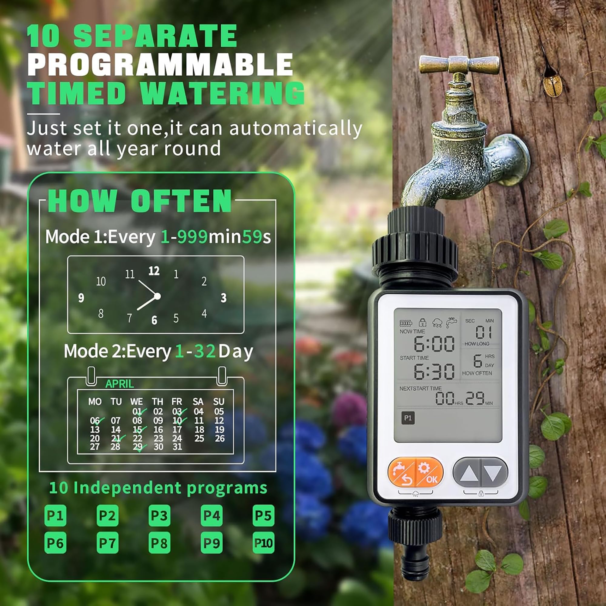 Temporizador de agua para manguera de jardín, 10 temporizadores programables con retardo automático de lluvia, IP54 resistente al agua de 3.3 pulgadas, temporizador de sistema de riego por goteo LCD