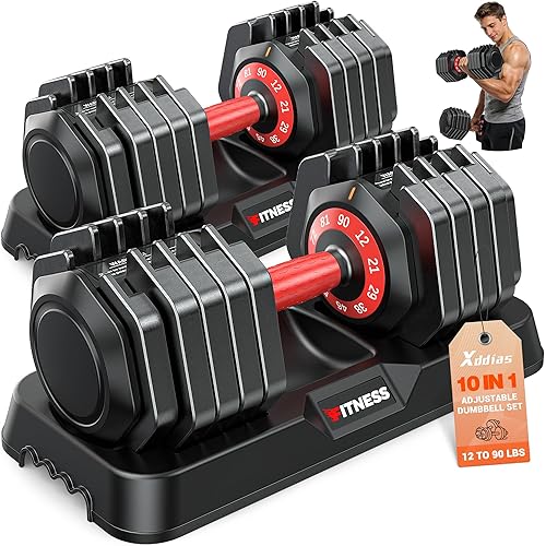 XDDIAS Adjustable Dumbbells Set of 2 for Strength Training, One-Hand Quick Adjust, 25/55/80/90 lbs Options, Anti-Slip Grip Handle, Compact Home Gym Weights for Men Women