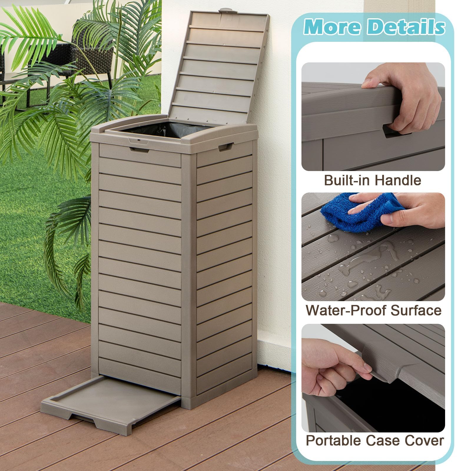LIFEZEAL Basura de Exterior 118L, Contenedor de Jardín con Tapa Hermética, Recipiente Decorativo Rectangular 40x40x86 cm, Cubo Impermeable y Resistente (2, Marrón)