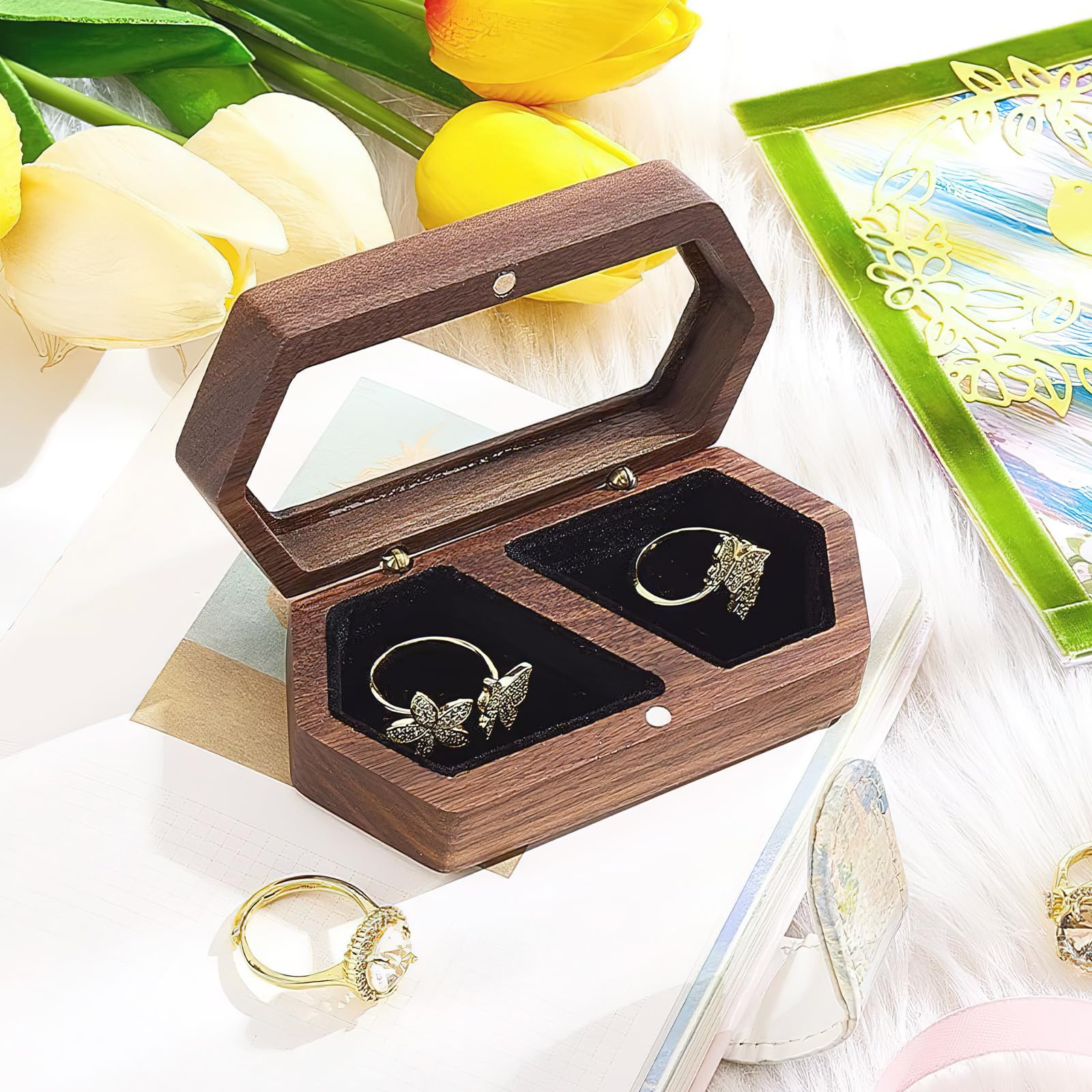 Boîte à Bagues En Bois De Noyer - Pour Mariage, Fiançailles - Doublure Velours Noir - Aimant Fermeture