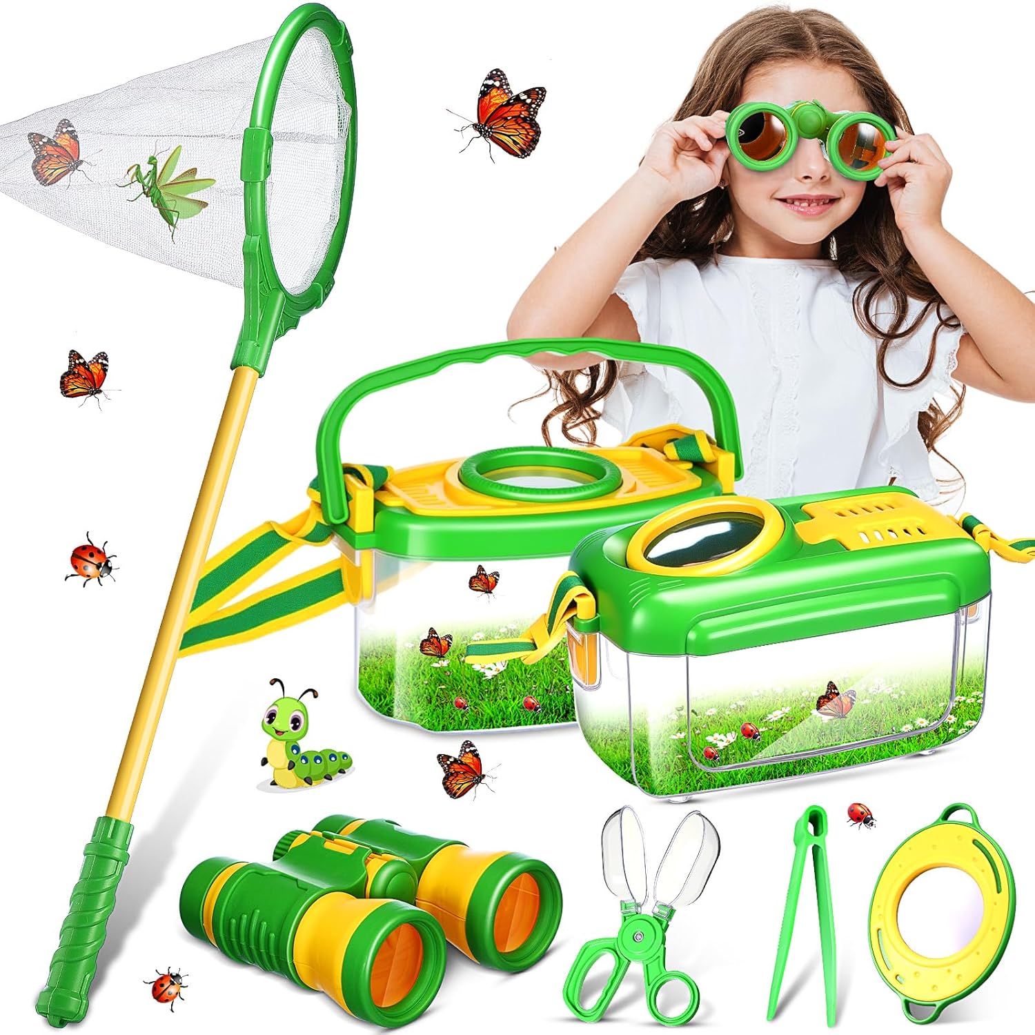 Sherr Bug Catching Kit for Kid 7 Pcs Outdoor Explorer Bug Toys Include Insect Box, Butterfly Net, Capsule Insect Clip, Magnifying Glass, Binocular,Tweezer, Butterfly Viewer Box Adventure Gift