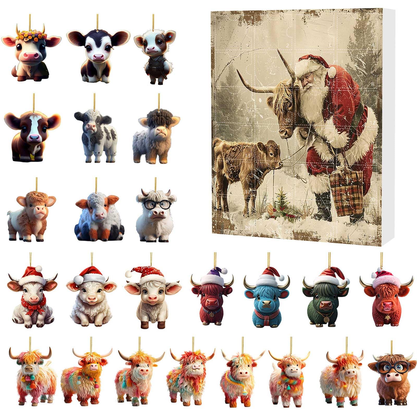 2024 Advent Countdown Calendar Highland Cow, 24 Days Of Christmas Vacation Advent Calendar Pendant, Christmas Tree Cartoon Cow Decorative Ornament, Christmas Collectible Set Gifts (Highland Cow-A)
