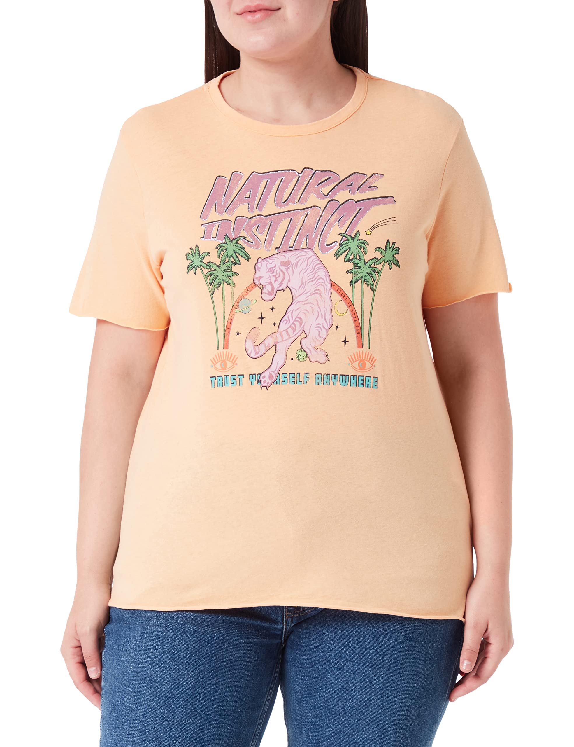 ONLY Women's ONLLUCY REG S/S Palm Tiger TOP Box JRS T-Shirt, Orange Chiffon/Print: Natural, XS, Orange Chiffon/Print: Natural, XS