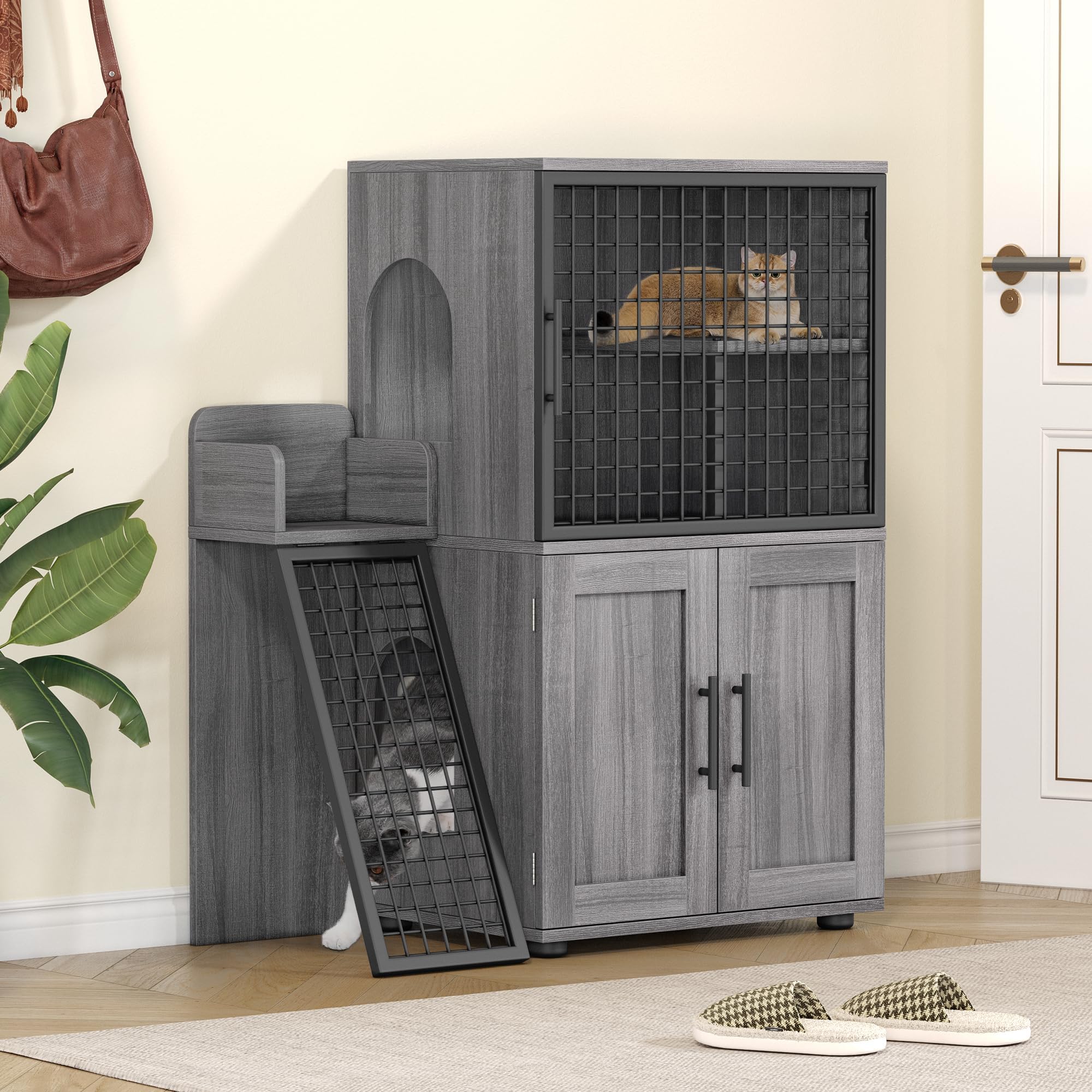 Cat Litter Box Enclosure Furniture with Double Layer Design, Hidden Litter Box & Lounge Villa for Indoor Cats - Includes Ladder, Platform, and Washroom Space for Living Room, Wax Wood - image 6