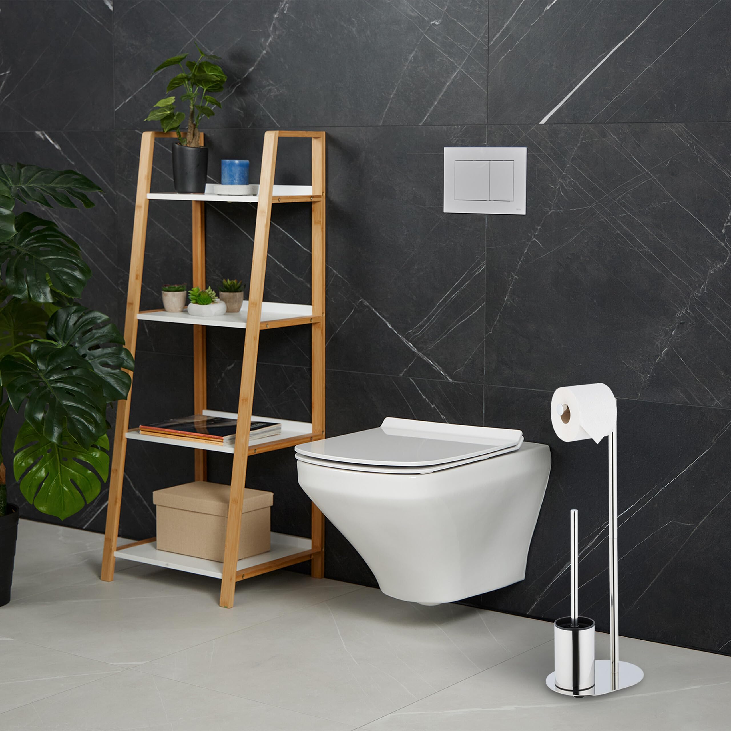 Relaxdays Escobillero y Portarrollos para Baño, Acero Inoxidable, 63x23x17 cm, Escobilla con Soporte Vertical, Plateado