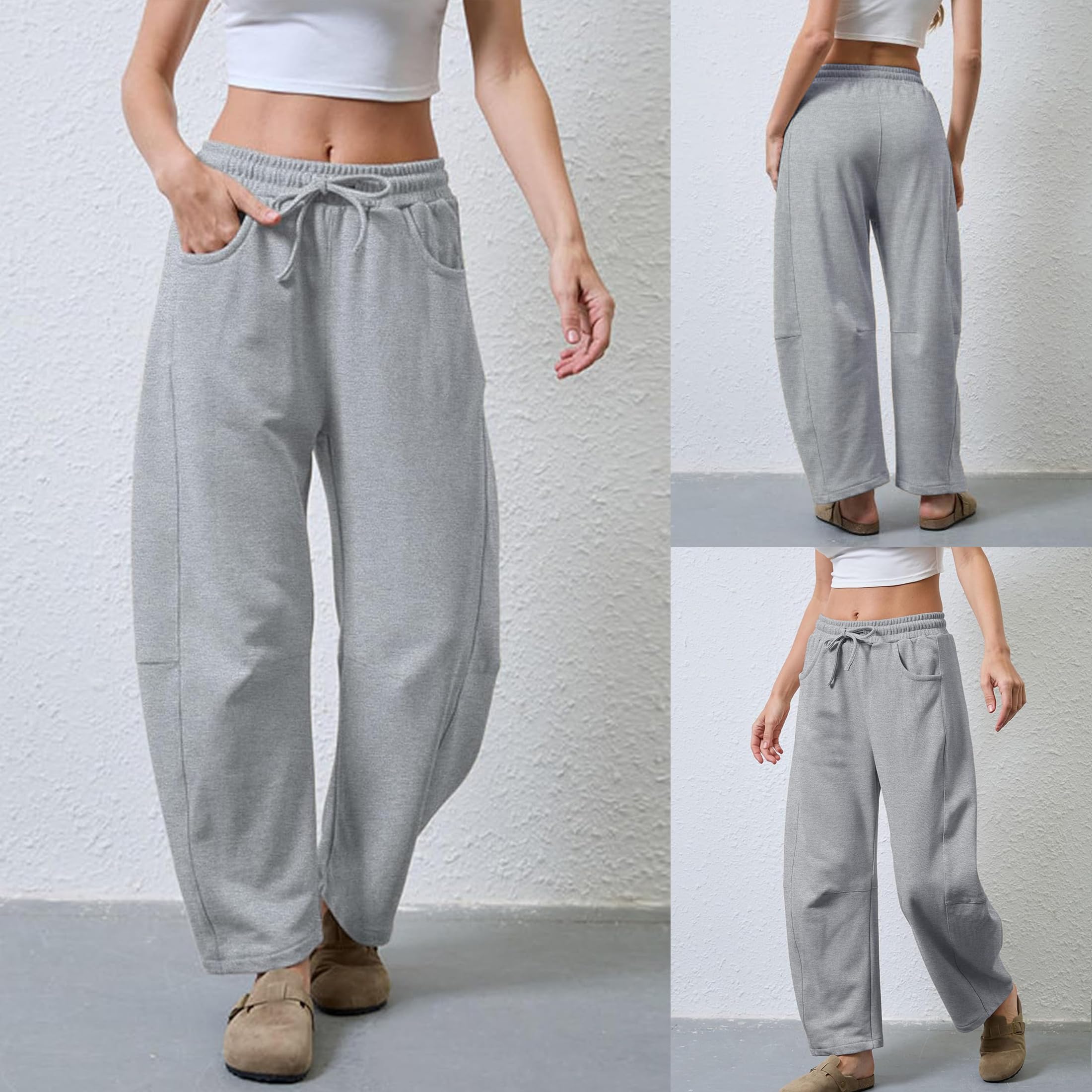 Omoone Pantalon de survêtement en coton pour femme, coupe ample, taille élastique, jambes larges avec poches