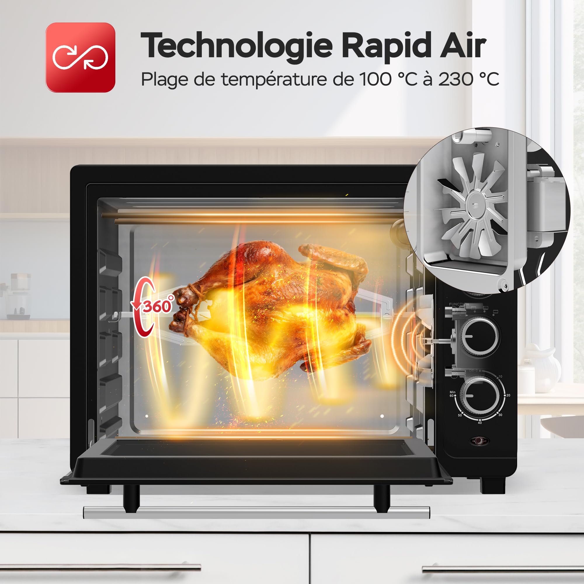 TurboTronic Mini Four à Convection avec Rôtissoire, 35L, 1600W – Four Compact Multifonctions Idéal pour Pizza, Camping et Cuisine Maison, Inclus 2 Plaques de Cuisson