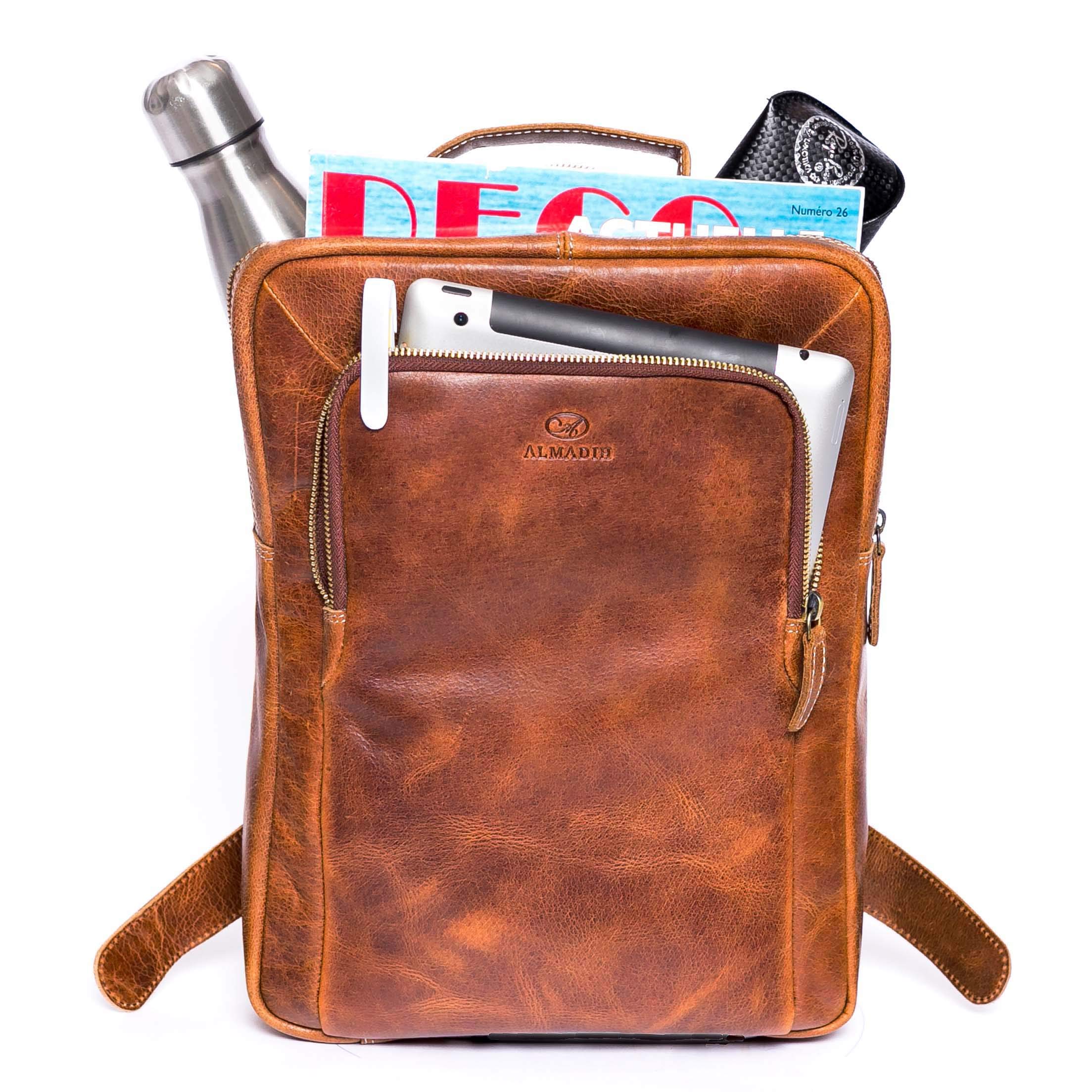 ALMADIH Premium Leder Rucksack BENE – Ledertasche 14 Zoll Laptop Tasche Reisetasche Handgepäck DIN A4 Schultertasche Umhängetasche Fahrrad Wander Schul Rucksack Backpack Vintage
