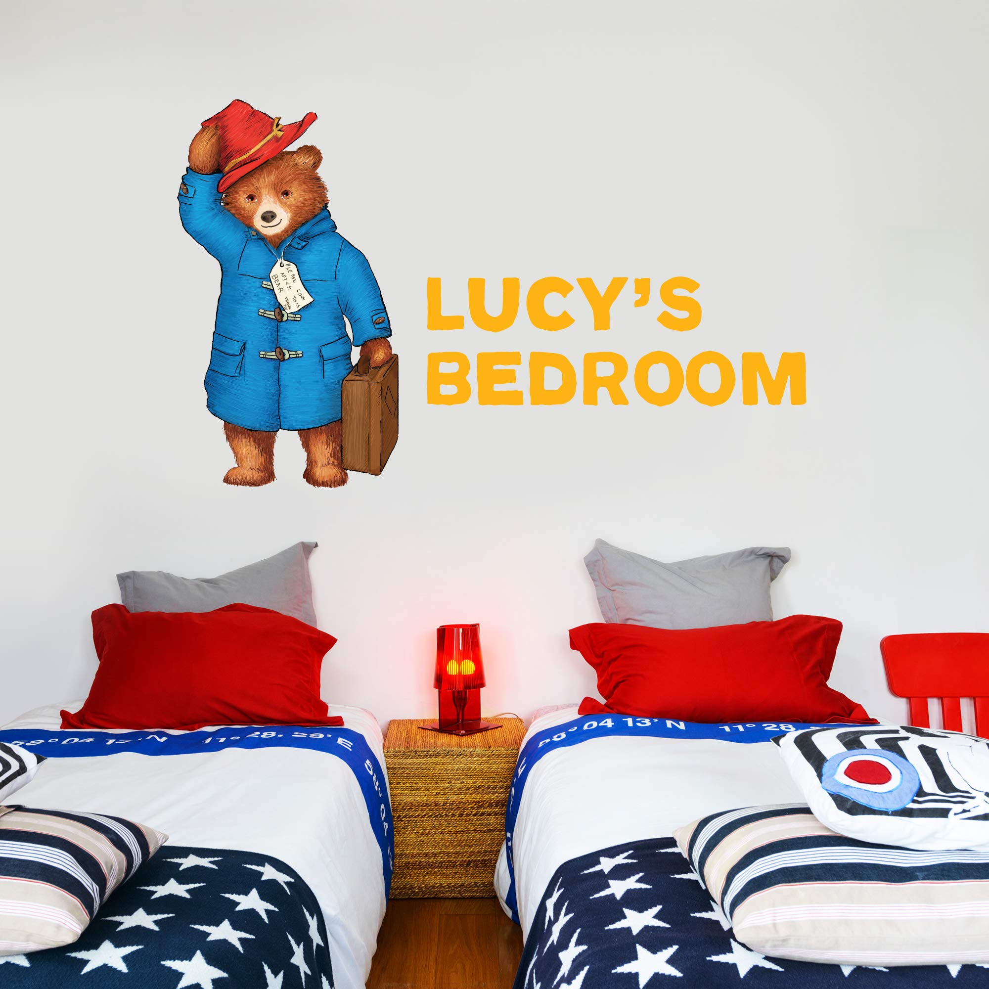 Paddington Bear Personalised Name Wall Art Yellow - Padd 006 Kids Wall Decal Vinyl Sticker Bedroom Mural (90cm height x 45cm width)