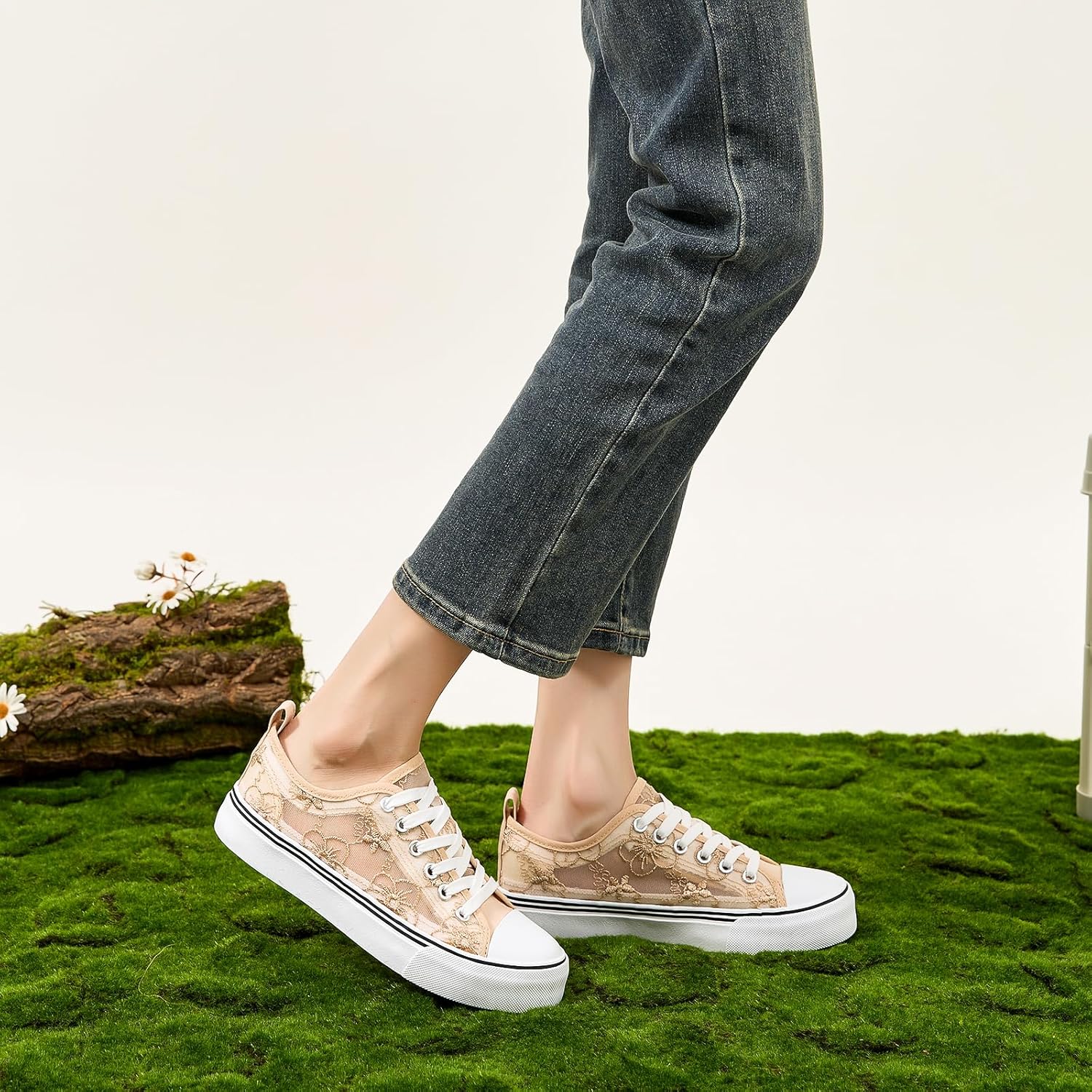 ZGR Summer Tennis Shoes for Women,Womens Casual Breathable Mesh Lace Canvas Shoes,White Sneakers with Embroidery Flower - Image 9