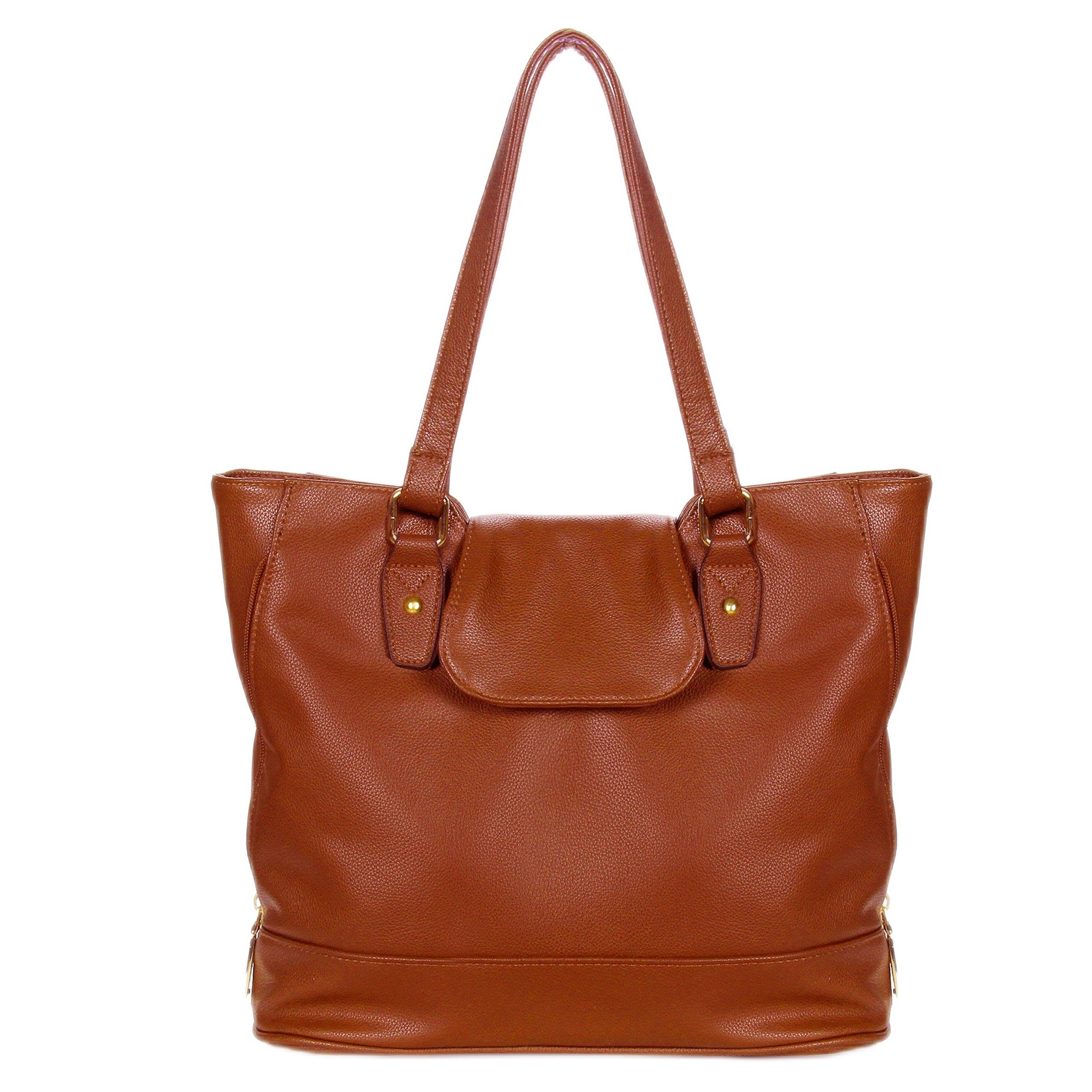 Handbags For Women Large Vegan Leather Top Flap Tote Bag T0006 (Brown)