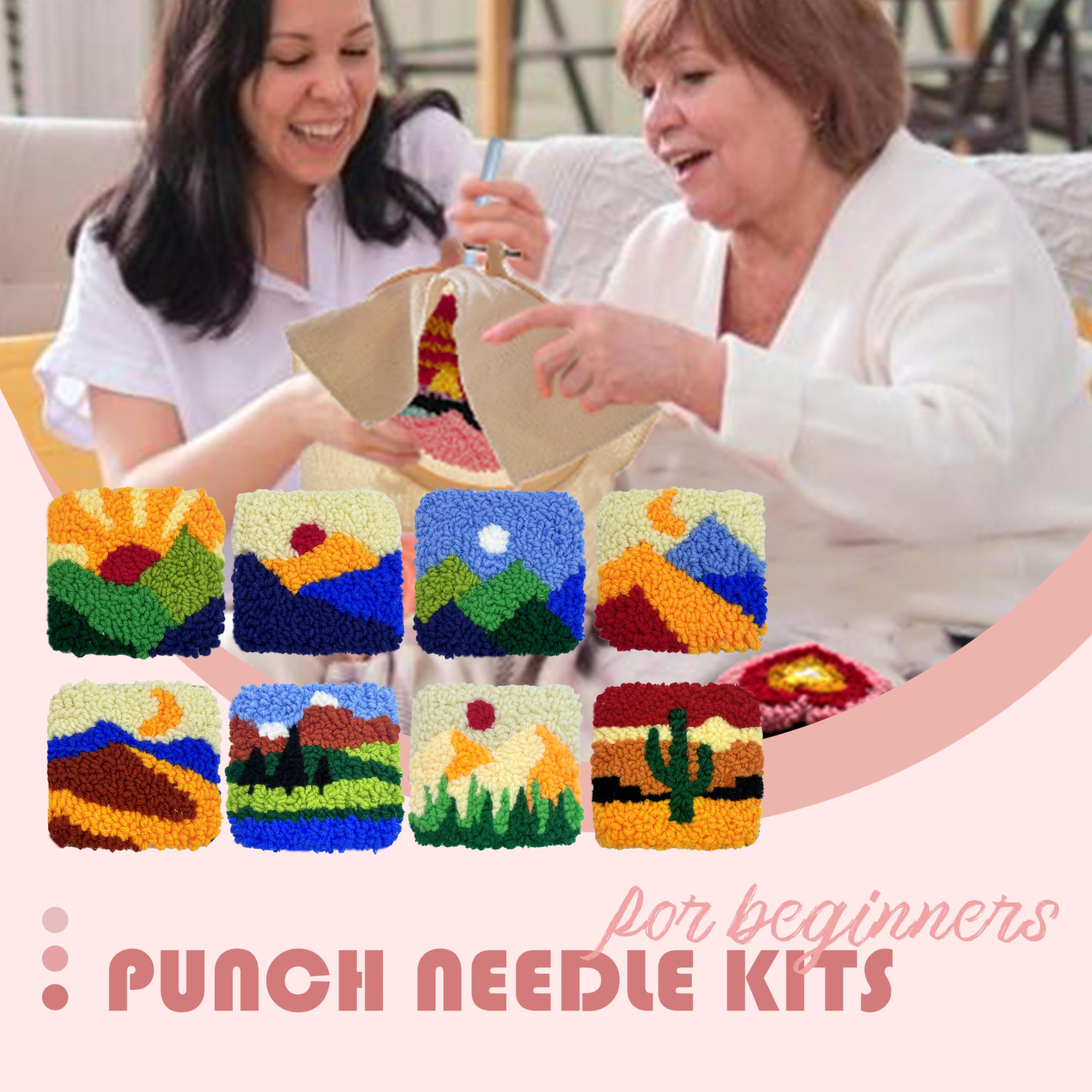 Punch Needle Coasters Kit for Beginners Adults Easy Needle Punch Embroidery Tool Set DIY Making Kit Supplies, 8 Pattern Landscape Art Crafts Gifts