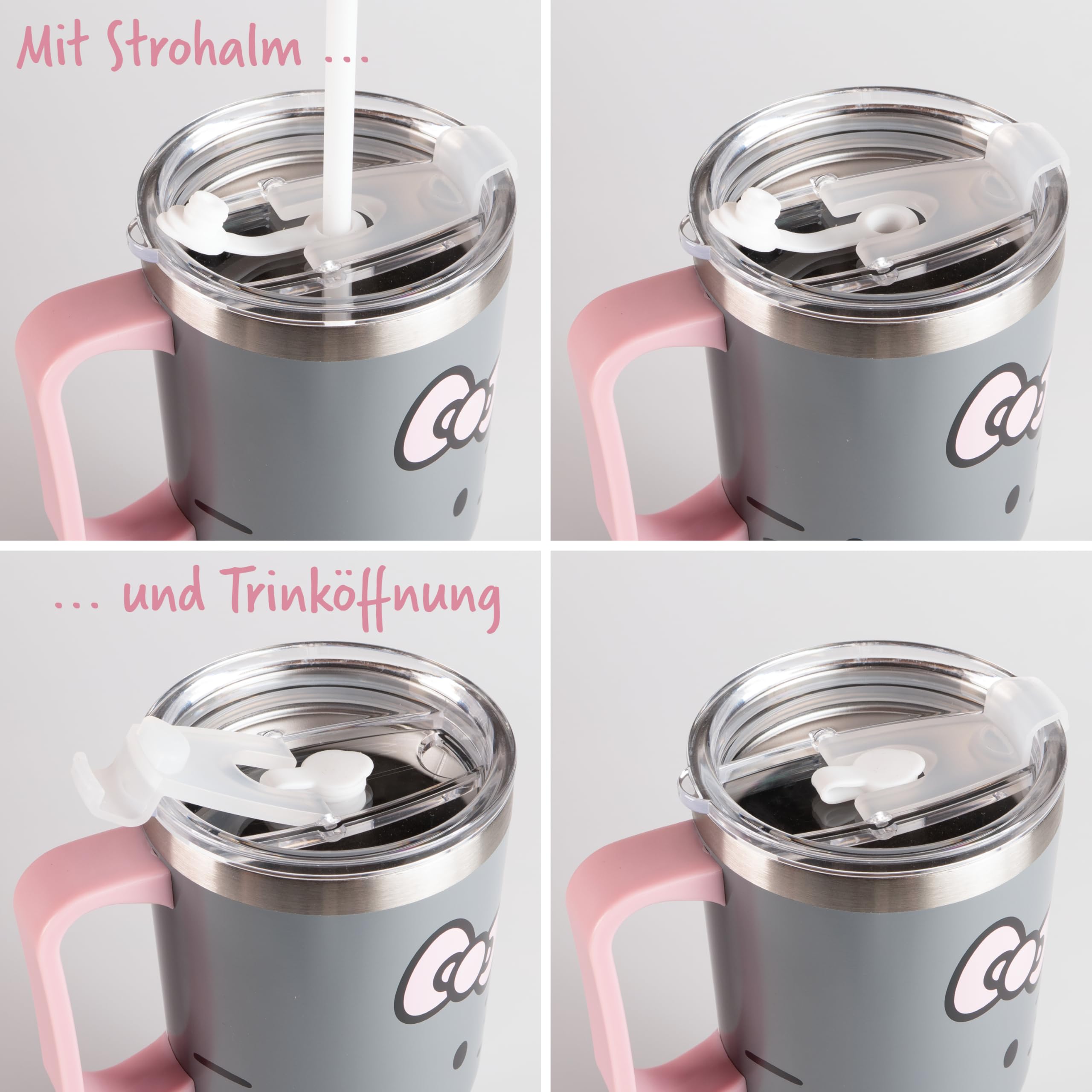 Hello Kitty - Vaso con tapa y pajita para niños, 540 ml, con asa, color gris, apto para bebidas frías