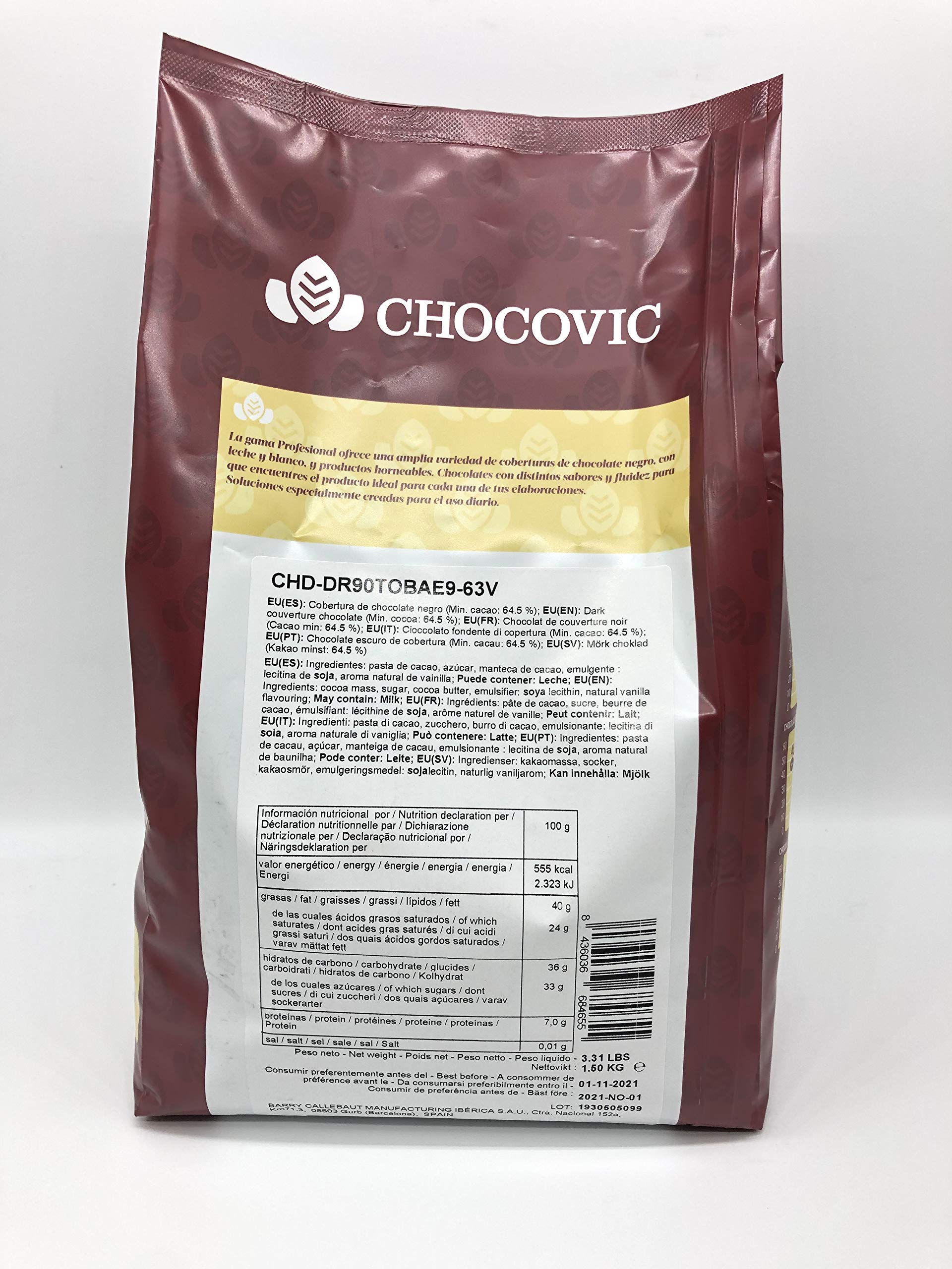 CHOCOVIC, Cobertura en monedas de Chocolate Negro Tobado 900 - 1,5 kg - 64,5% Cacao