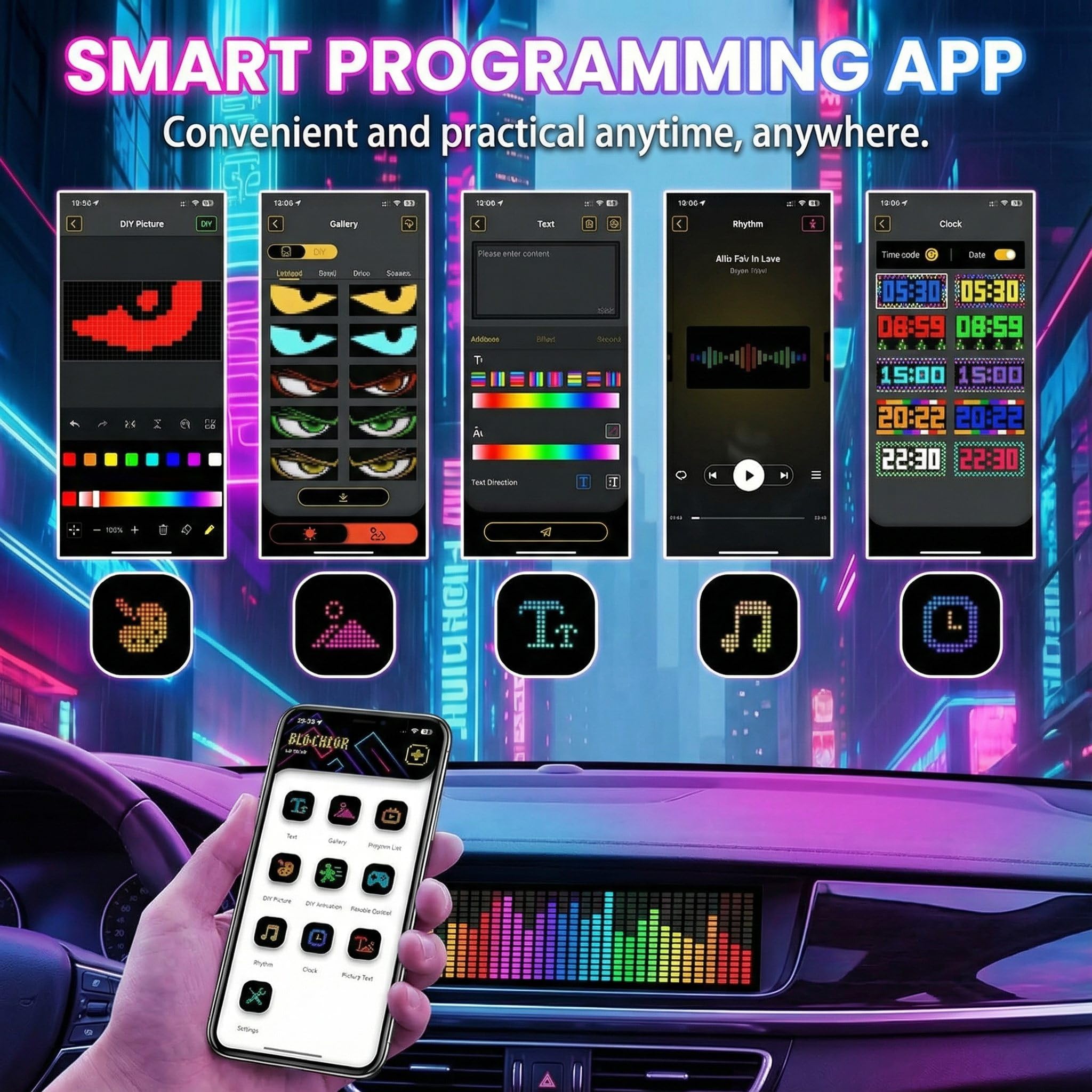 SOONHUA 2 Luces de Ojos diablos para Coche (120 mm x 595 mm) Pantalla LED, programable, Personalizable, Control Mediante aplicación Bluetooth, DIY diseño de animación