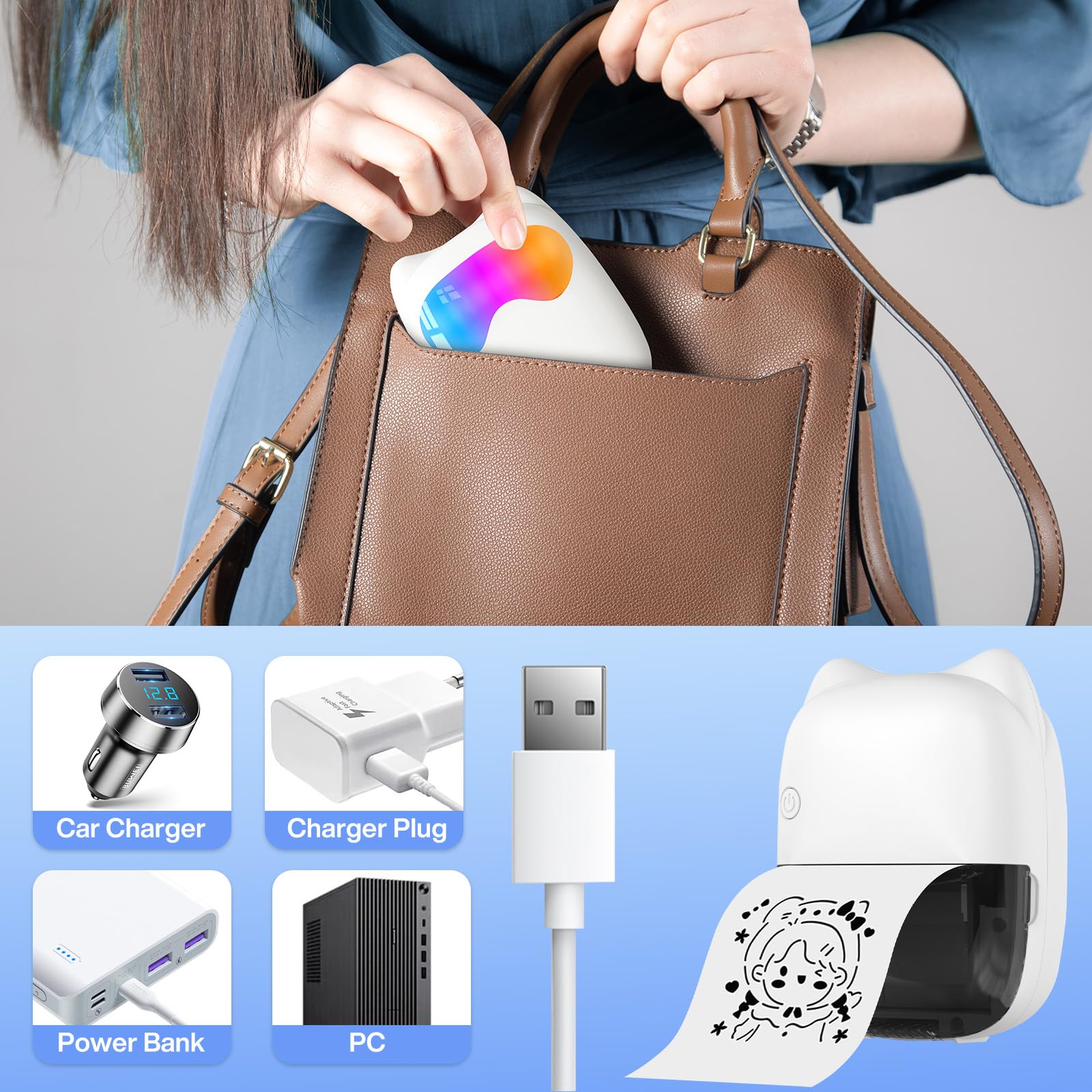 Mini Imprimante Portable Thermique sans Fil Bluetooth avec 14 Rouleaux de Papier pour iOS Android Notes Photos Journal