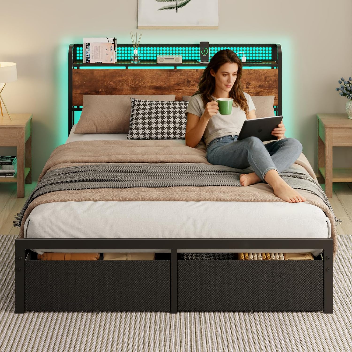 Furnulem Queen Size Bed Frame with Headboard Storage, Platform Bed Frame Queen Size with 2 Drawers, Charging Station and LED Lights, No Box Spring Needed, Noise Free, Easy Assembly (1000 lbs Capacity) - Image 7