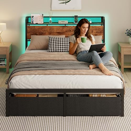 Miniatura 7 de Furnulem Base de cama tamaño Queen con almacenamiento de cabecero, base de cama de plataforma tamaño Queen con 2 cajones, estación de carga y luces