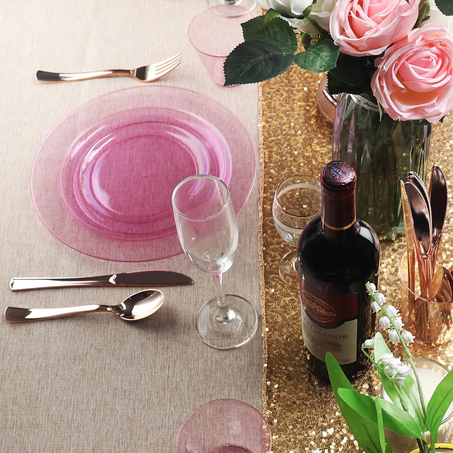 Homy Feel 60PCS Pink Glitter Plastic Plates -Include 30 Dinner & 30 Dessert Plate for New Year Christmas Birthday Wedding Party - Image 6