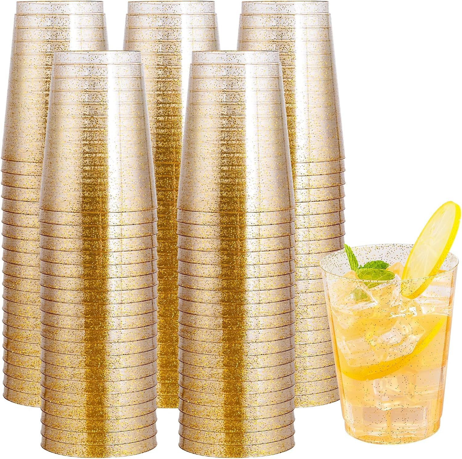 50pcs Gold Plastic Cups, 300ml Hard Gold Plastic Tumblers for Cocktail and Drinking, Reusable Clear Drink Cups for Fancy Wedding, Thanksgiving, Christmas