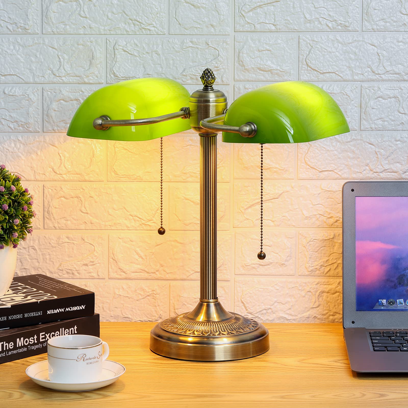 Newrays Green Glass Bankers Desk Lamp with Pull Chain Switch Plug in Fixture