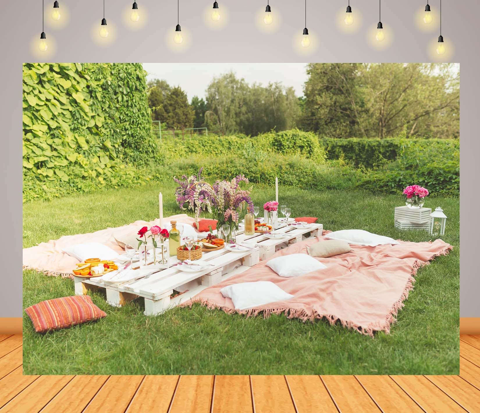 15x10FT (4.6x3m) Elegante Tavolo Da Picnic In Giardino Sfondo Fotografico | Allestimento Per Festa All'Aperto Fondale In Tessuto,Tavolo Basso Bianco,Per Feste In Giardino E Foto Di Famiglia,Photo Booth
