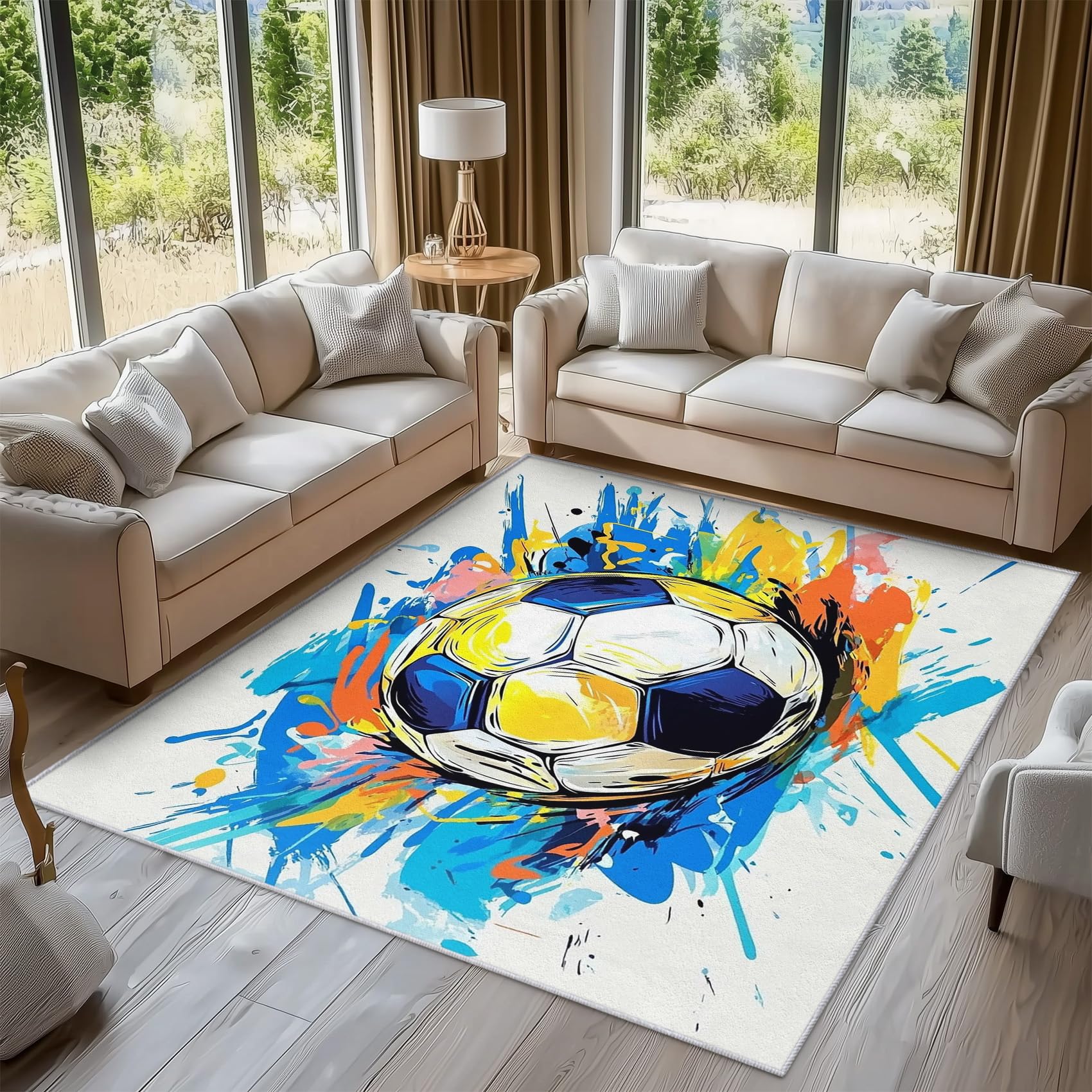 Générique Tapis Salon Football, Tapis Chambre Graffiti Coloré Foot, Doux Flanelle Poil Court 60x110 cm - Lavable Antidérapant Paillasson H-31
