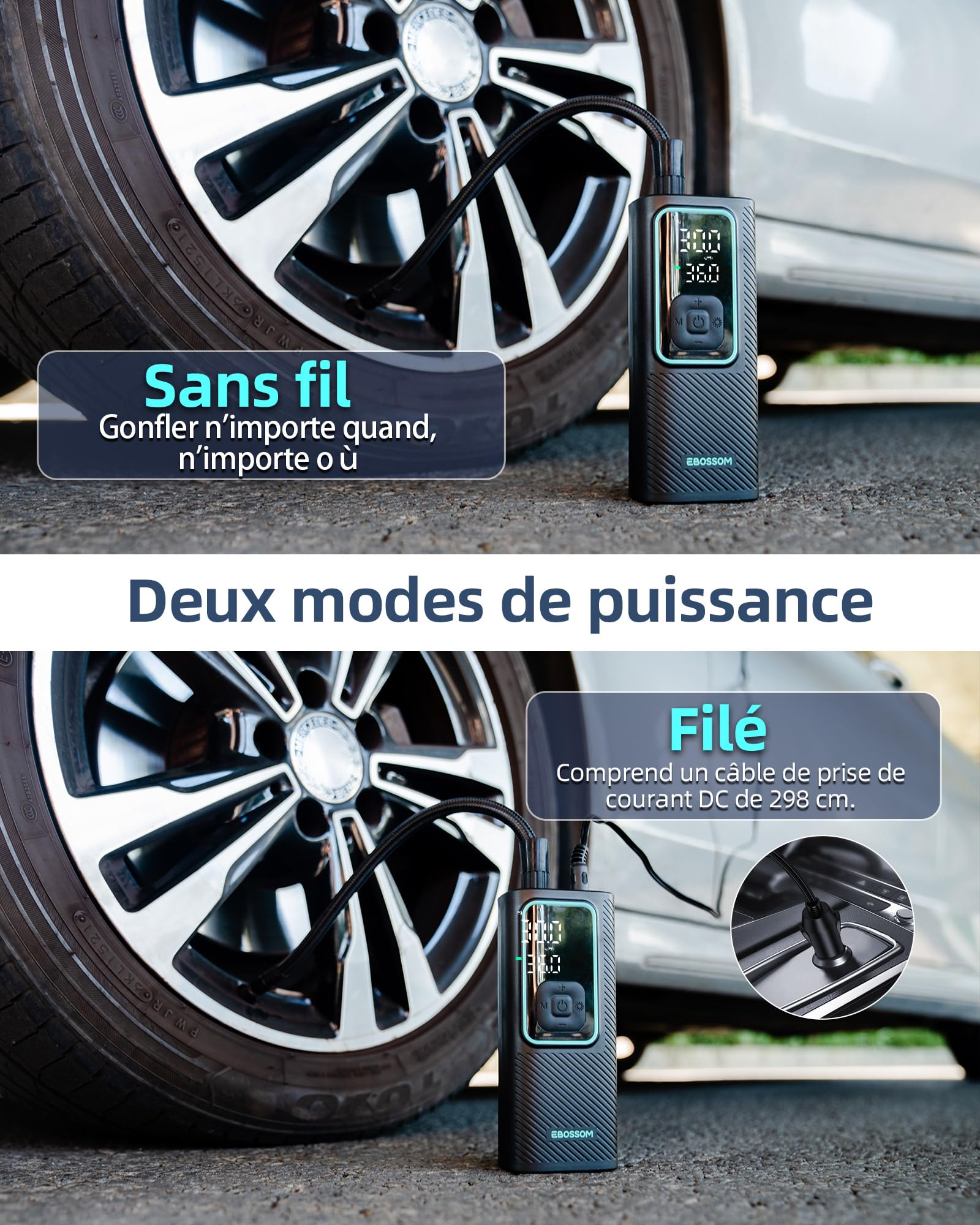 Compresseur À Air Portatif 10,3Bar, Gonfleur Pneus Voiture Mini,Pompe À Velo Électrique Gonflage Rapide,Gonfleur Pneu Sans Fil avec Batterie 6000mAh & 12V DC par allume-cigare,LED et Arrêt Automatique