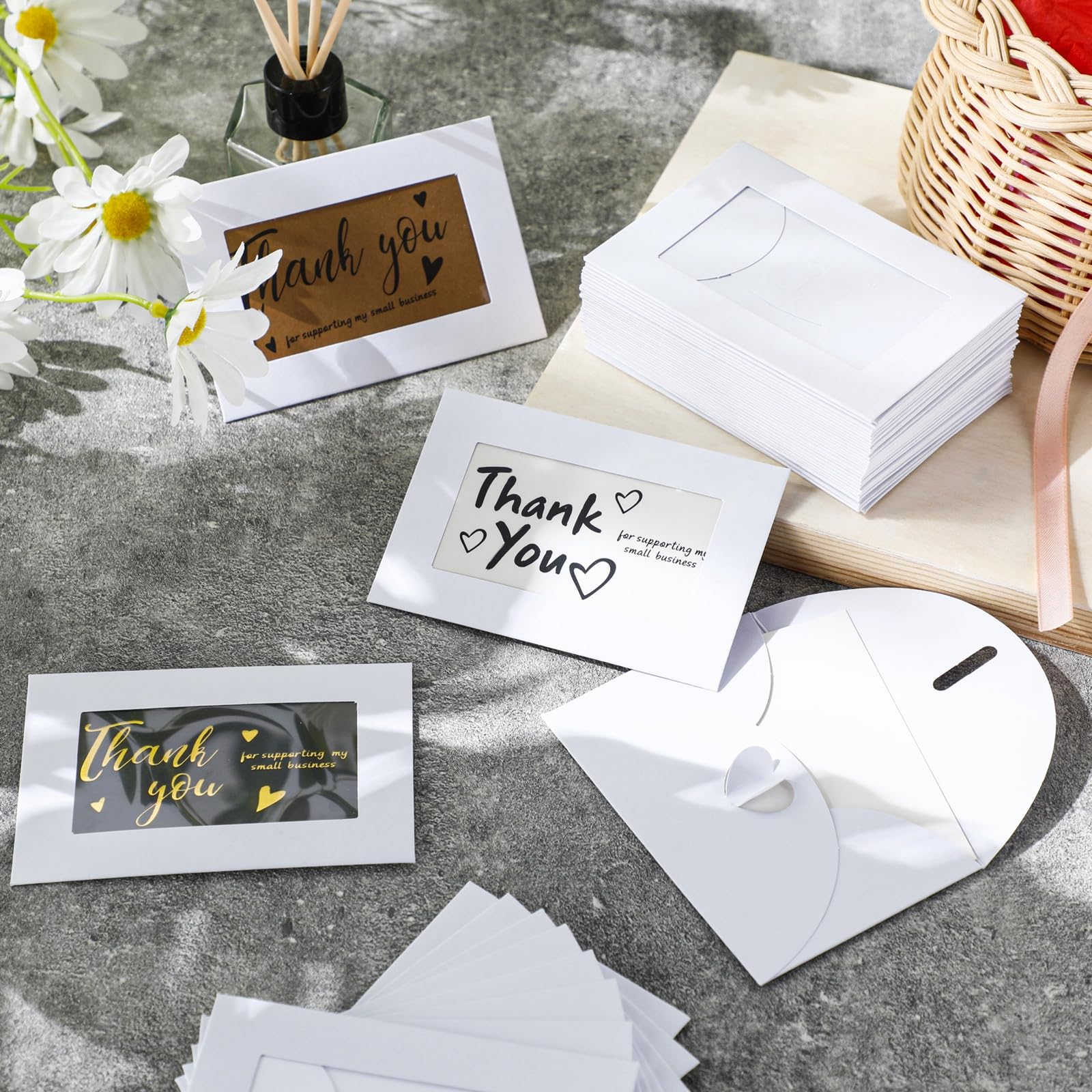 Uiifan Lot de 150 enveloppes vierges pour cartes cadeaux avec fenêtre transparente, 10,2 x 7,1 cm, mini enveloppes vierges avec fermoir en forme de cœur, pochettes pour cartes de visite, cartes clés