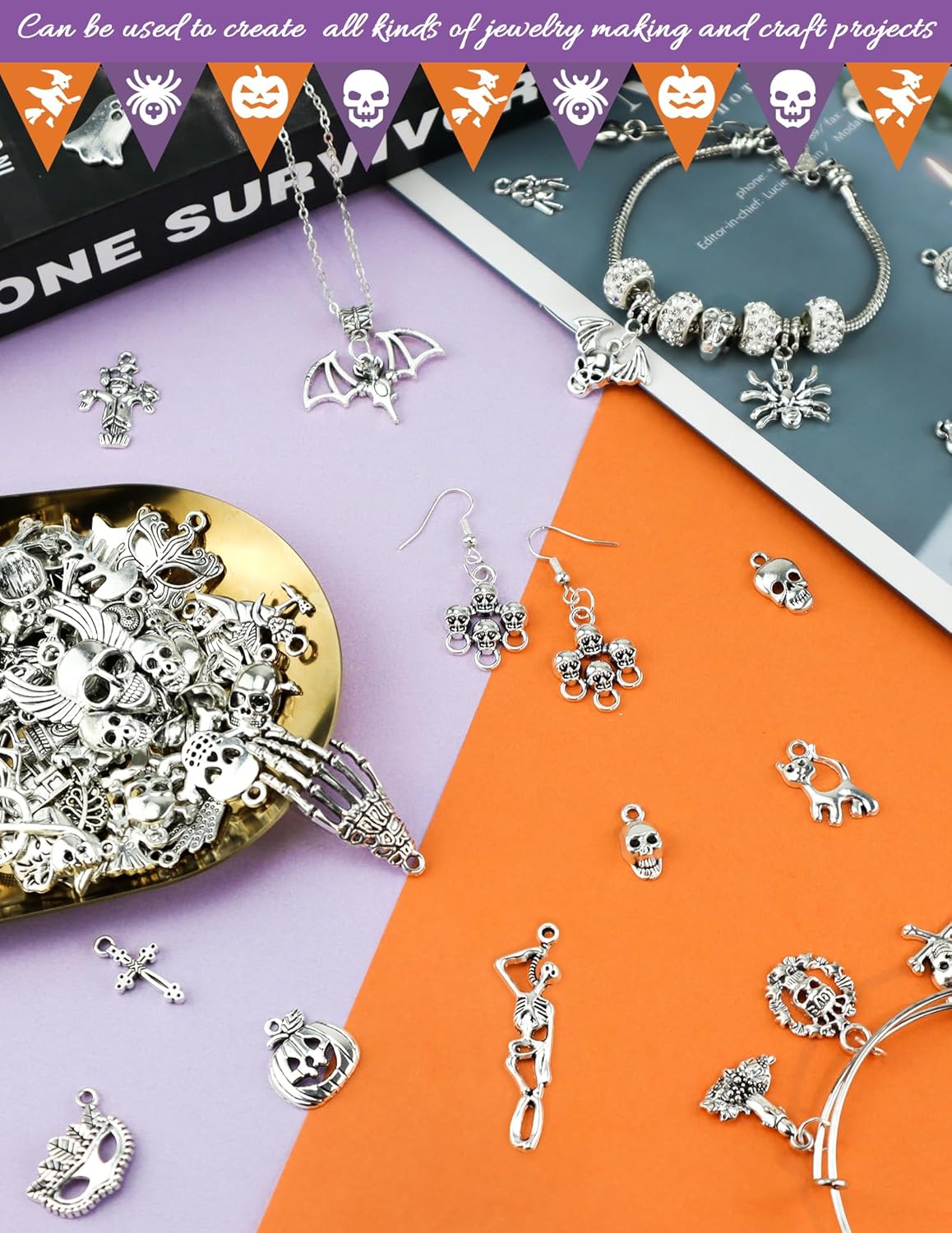JIALEEY Wholesale Bulk Lots Hallowmas Skull Skeleton Charms Mixed Silver Plated Halloween Mask Charms Pendants DIY for Jewelry Making and Crafting, 100 PCS Hallowmas Style - Image 5