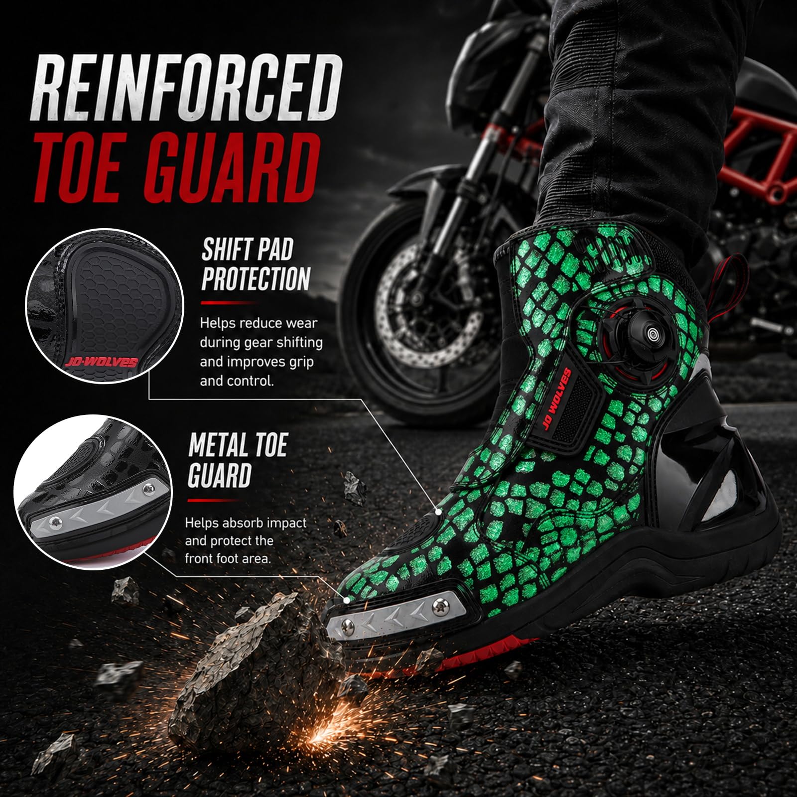 Motorradschuhe für Herren, Motorradstiefel, halbhoher Motorradstiefel | Wasserdichte Atmungsaktive bequem, Schalthebelverstärkung & Fersenreflektor, Knopfschnürsenkel mit Klettabdeckung