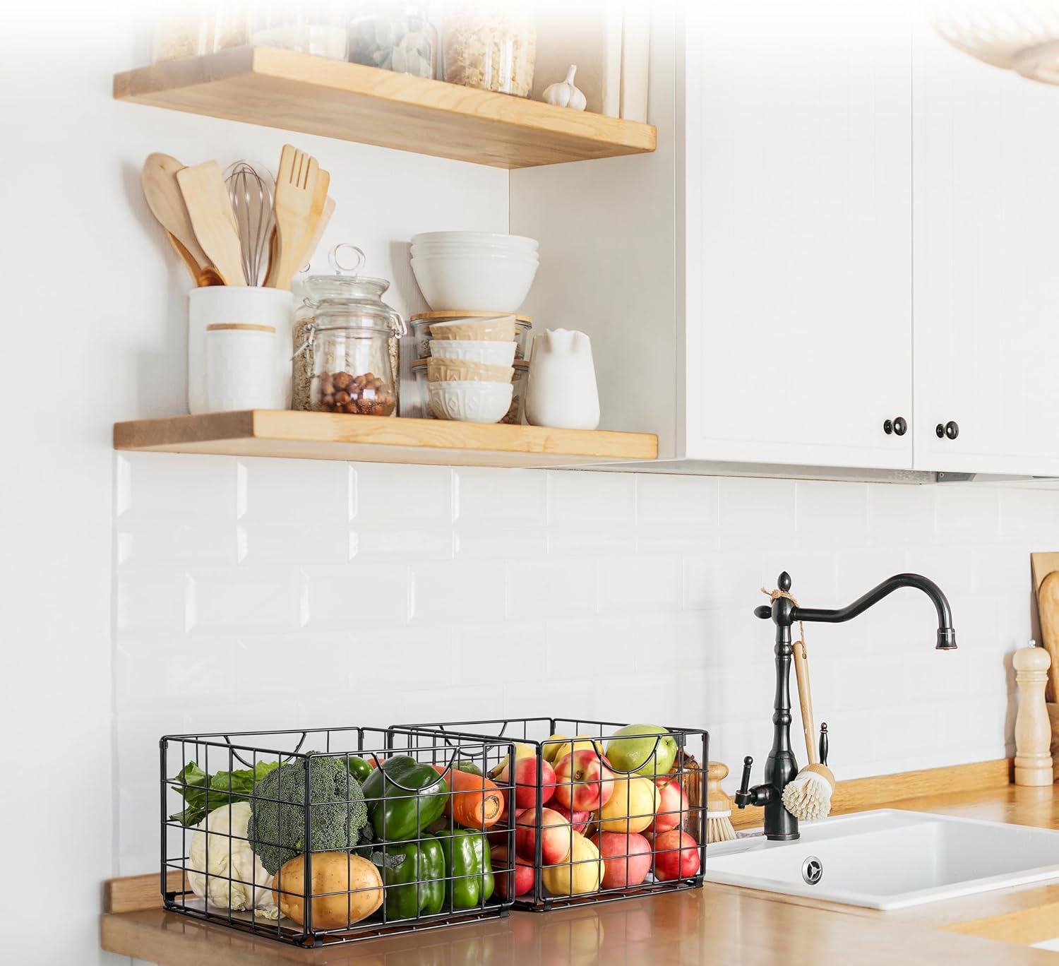 Metal Wire Basket Organizer Foldable Set of 6, Food Storage Mesh Bin with PVC Sheet, Freezer Organizer Bins for Pantry Closet Bathroom-Black