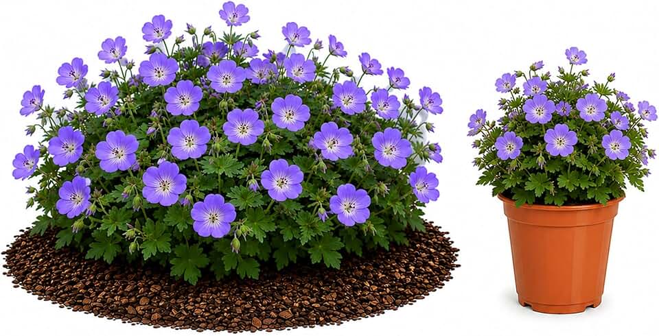 Easy to Grow Geranium Rozanne - 2 Rooted Plants in Quart Pots - Lavender Purple Flowers Summer to Fall, Long Blooming Groundcover, Full Sun, Perennial Potted Plants (Cranesbill)
