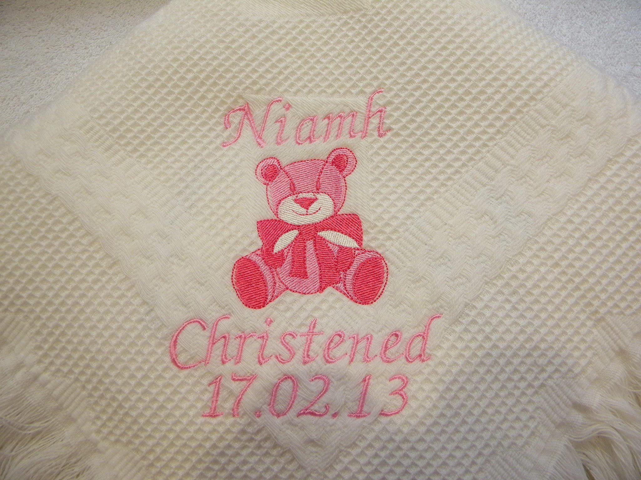 Personalised Baby Shawl with Teddy Available in Pink, Blue, White or Cream with Name and Date (Cream)