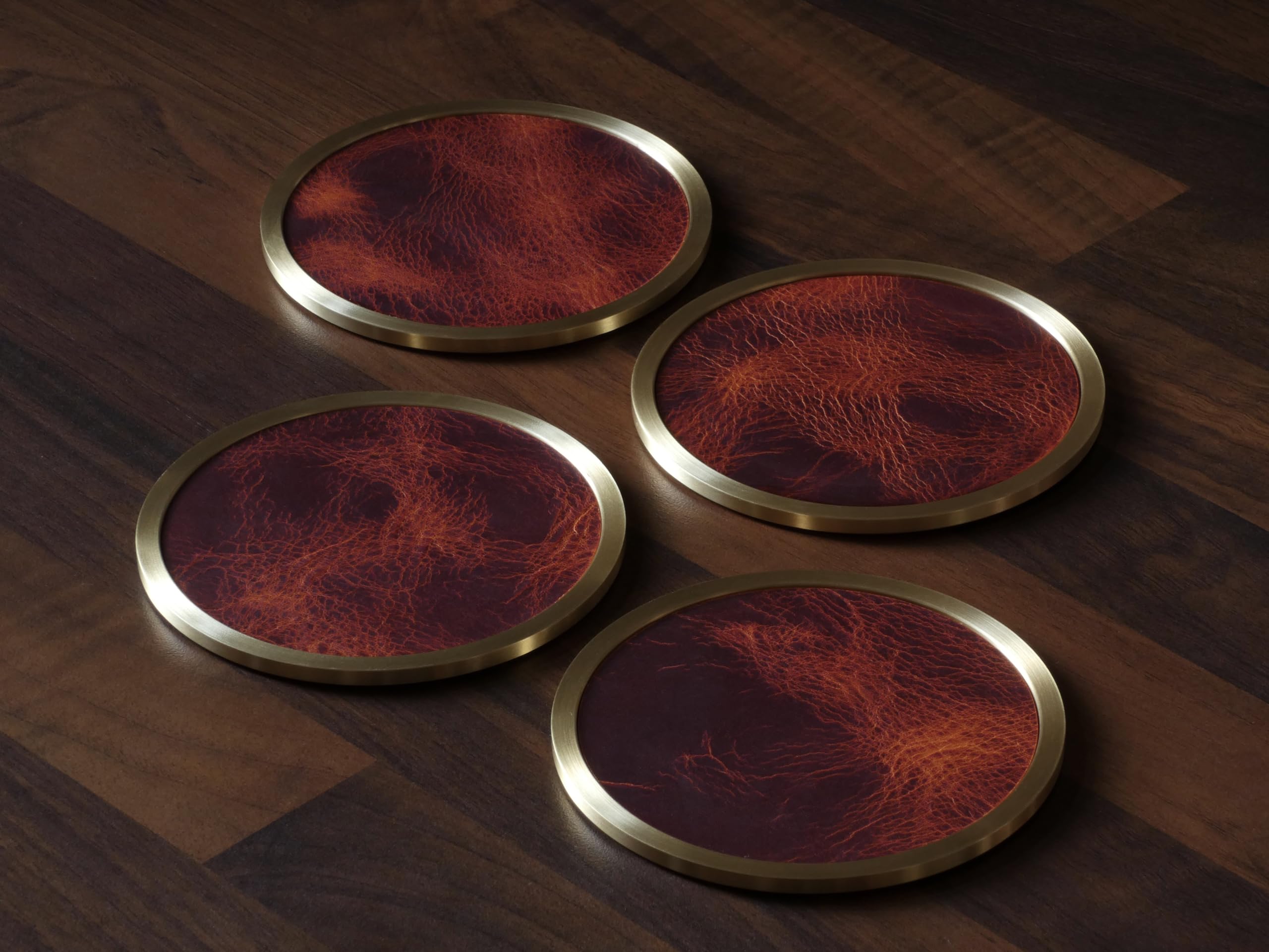 Lot de 4 dessous de verre en laiton et cuir italien