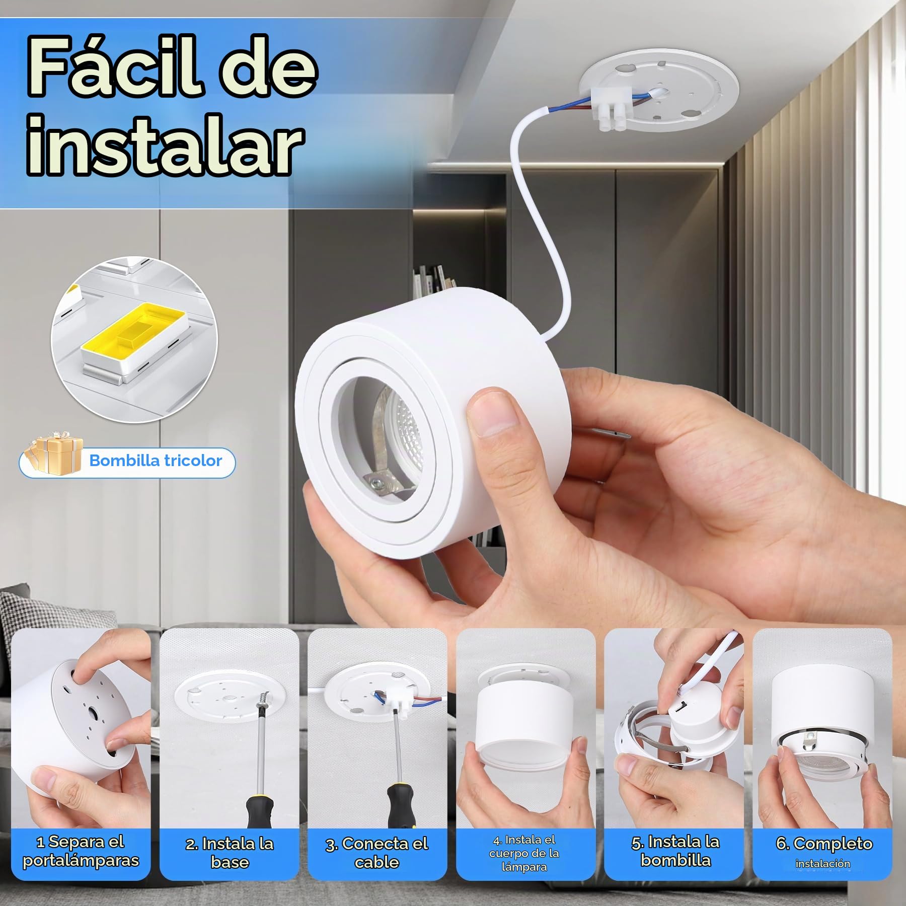 CANMEIJIA Foco LED de Techo Superficie 7W Plafón Orientable 3 Tonos 4 Pack | Foco LED de techo con diseño orientable de 30 grados para iluminar rincones específicos y sustituir downlights empotrados