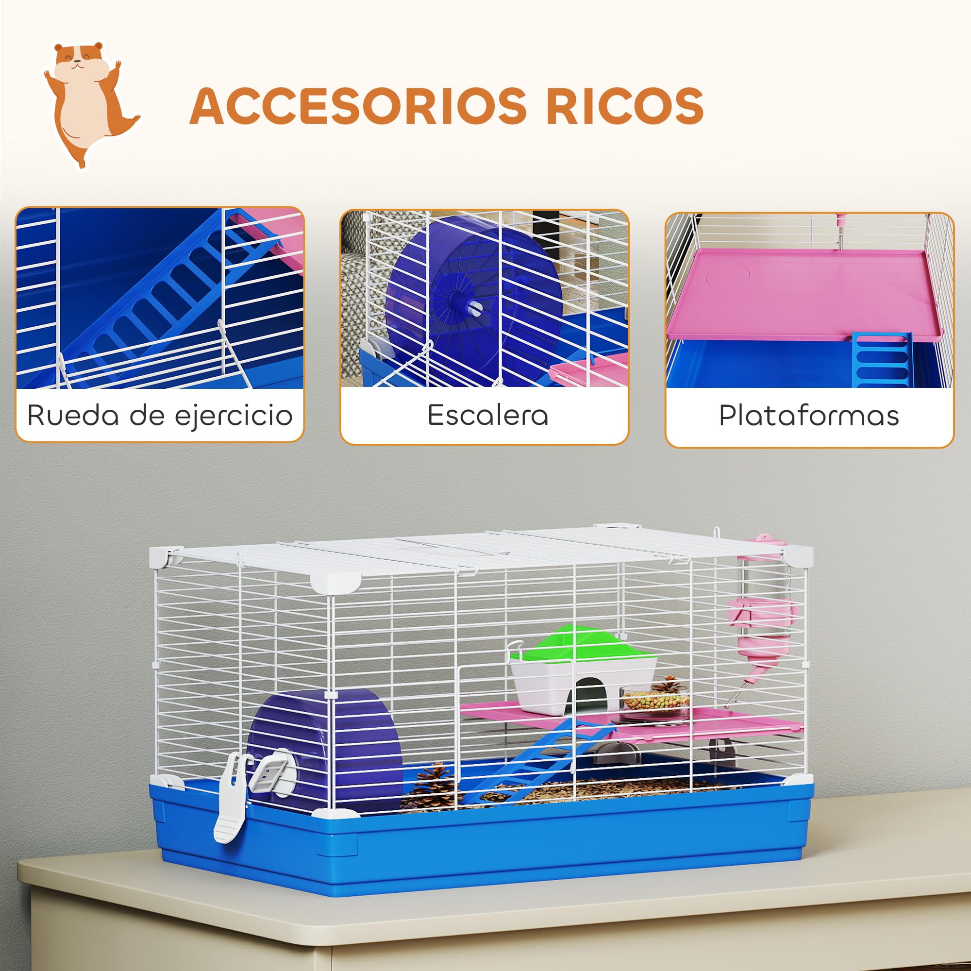 PawHut Jaula para Hámster, Casa para Roedores Pequeños con Rueda de Ejercicio, Cuenco, Bebedero, Casita, Rampas, Plataforma, Bandeja Extraíble, para Jerbos, 47x30x27 cm, Azul