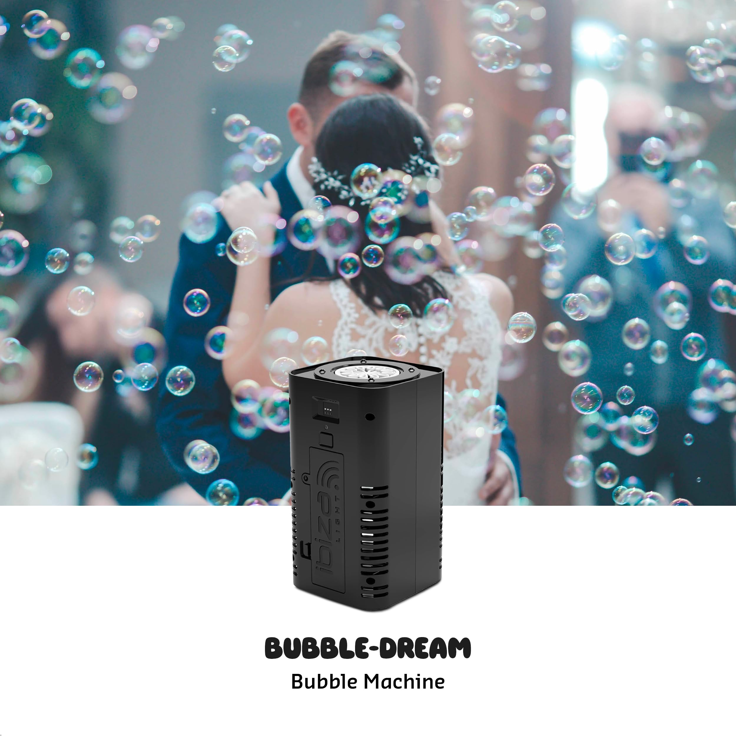 Ibiza - BUBBLE-DREAM - Macchina per bolle di sapone portatile alimentata a batteria con LED colorati RGB - Sincronizzazione tra più macchine - Bolla illuminata - Telecomando